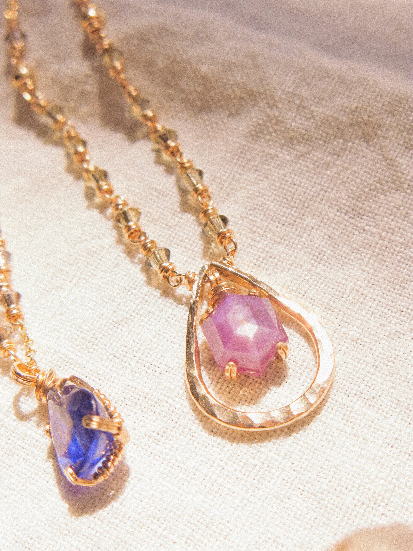 Violet: Elongated Hexagon Purple Silk Sapphire Prong Set Necklace in Textured Frame with Swarovski Crystal Accent Chain, 14K Gold Fill