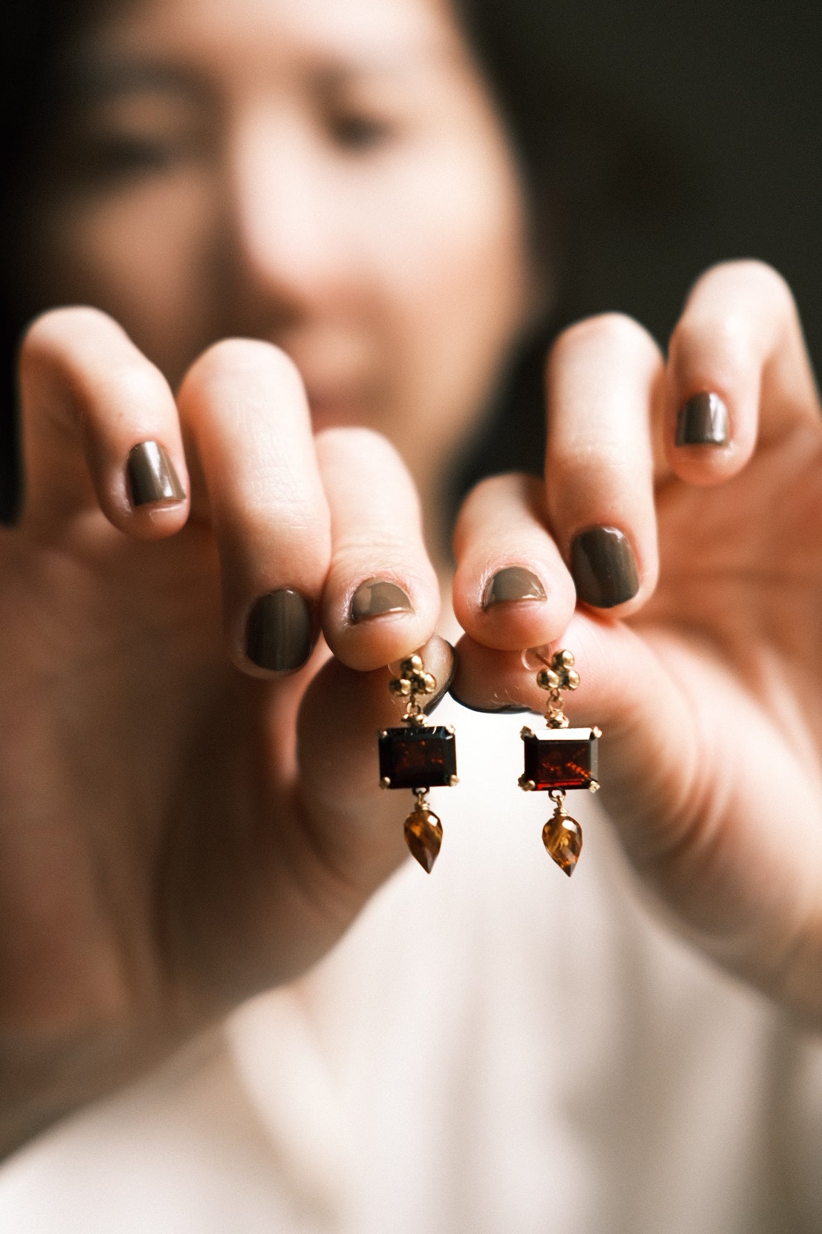 Red: Octagon Mozambique Garnet Prong Set Post Earrings with Microfaceted Brandy Citrine, 14K Gold Fill