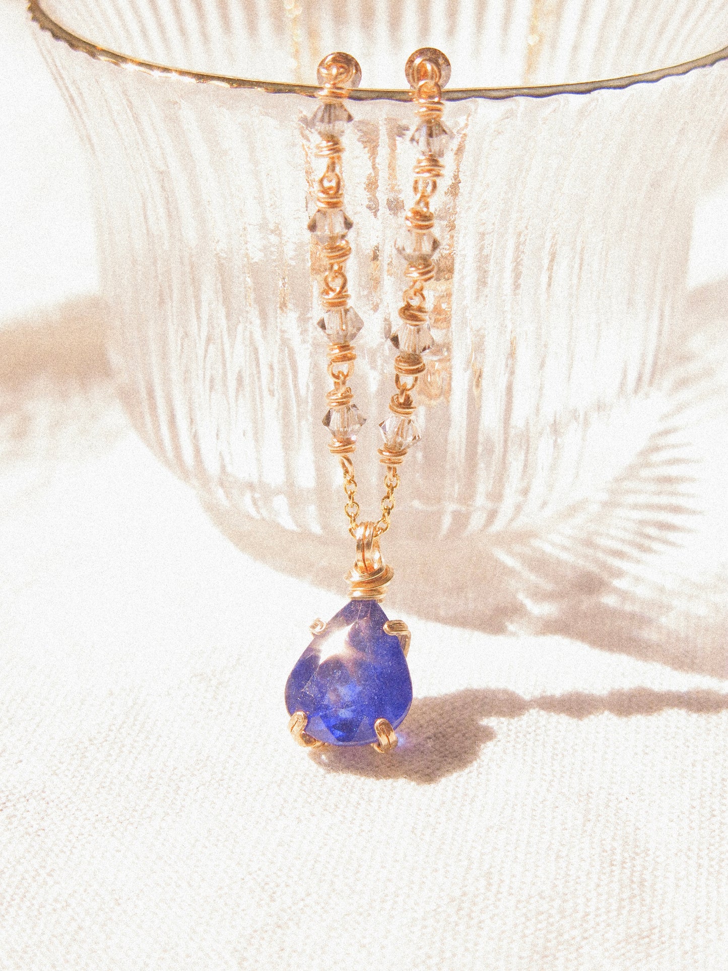 Indigo: Prong Set Teardrop Faceted Blue Sapphire Necklace with Swarovski Crystal Accent Chain, 14K Gold Fill