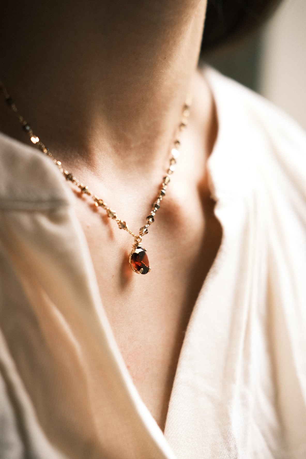 Red: Prong Set Oval Faceted Mozambique Garnet Necklace with Swarovski Crystal Accent Chain, 14K Gold Fill