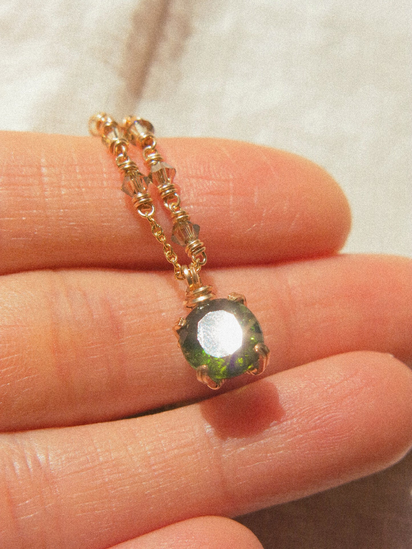 Green: Prong Set Oval Faceted Deep Green Tourmaline Necklace with Swarovski Crystal Accent Chain, 14K Gold Fill