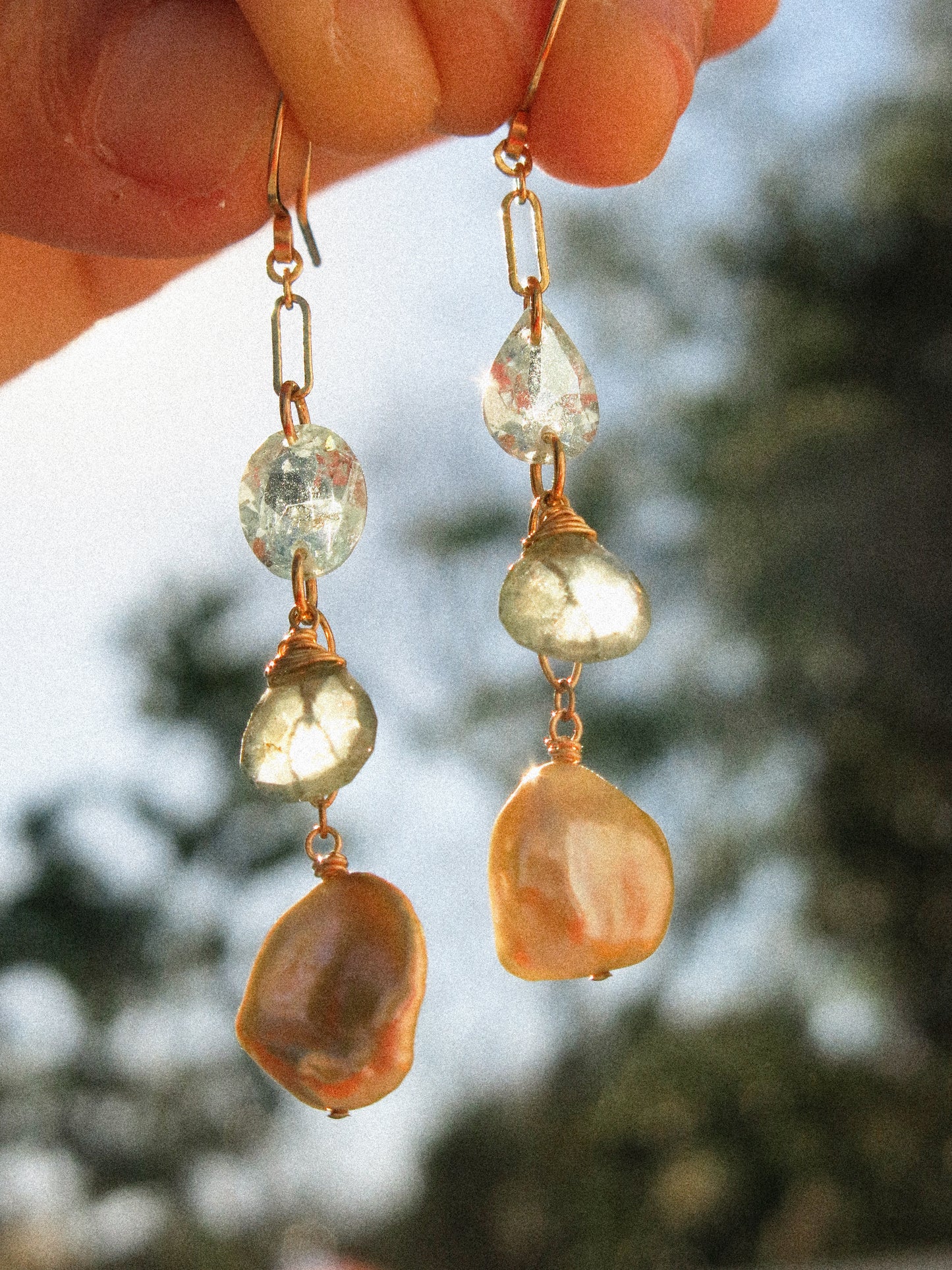 Golden Keshi Pearl, Faceted Aquamarine, and Faceted Moss Aquamarine Briolette Dangle Earrings in 14K Gold Ill, March and June Birthstone