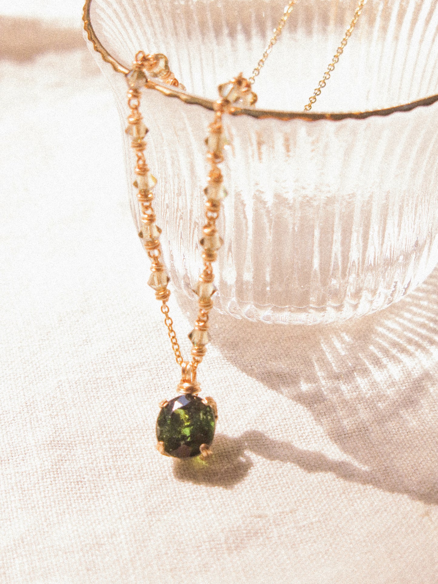 Green: Prong Set Oval Faceted Deep Green Tourmaline Necklace with Swarovski Crystal Accent Chain, 14K Gold Fill