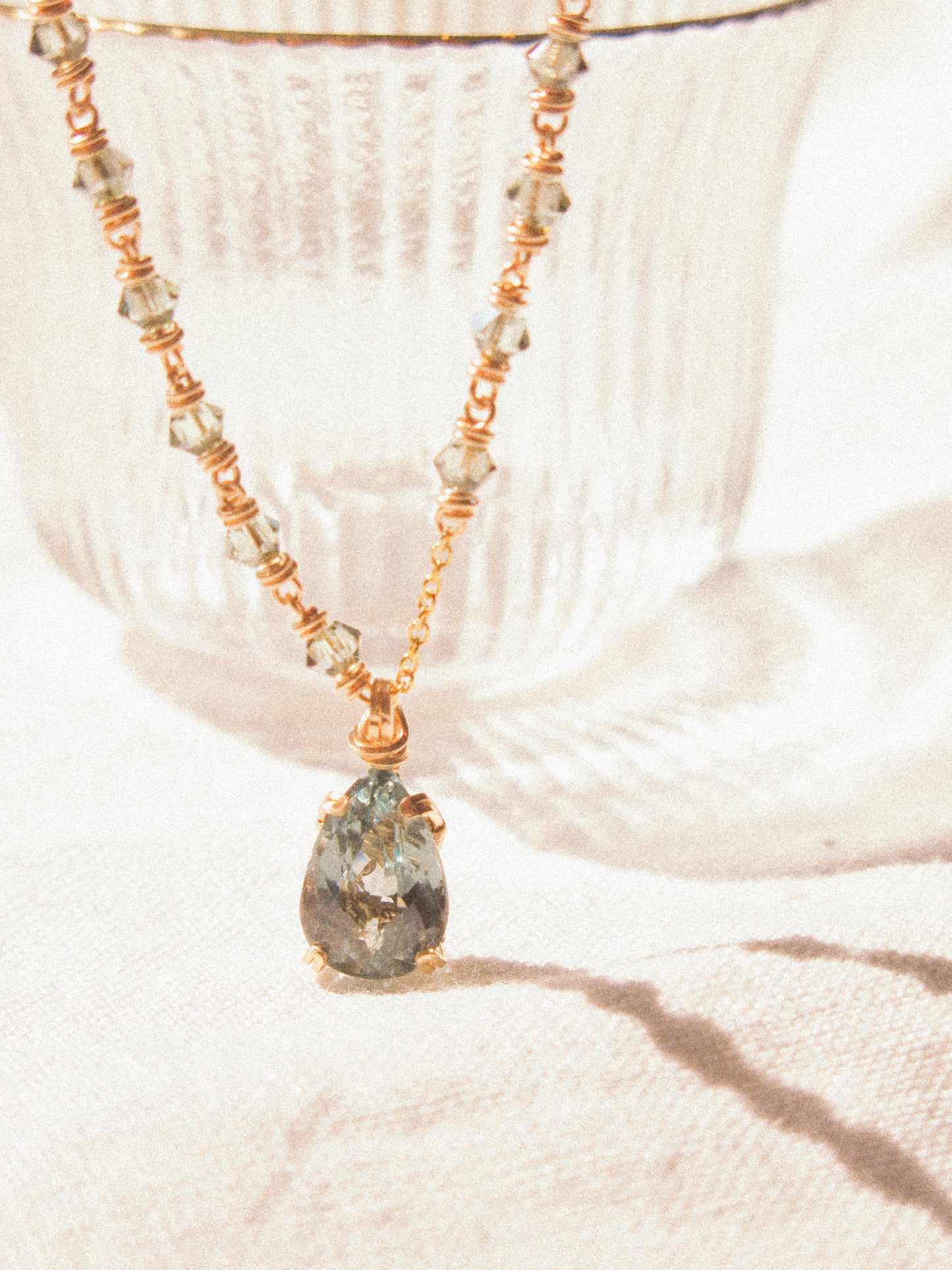 Blue: Prong Set Teardrop Faceted Icy Blue Tourmaline Necklace with Swarovski Crystal Accent Chain, 14K Gold Fill