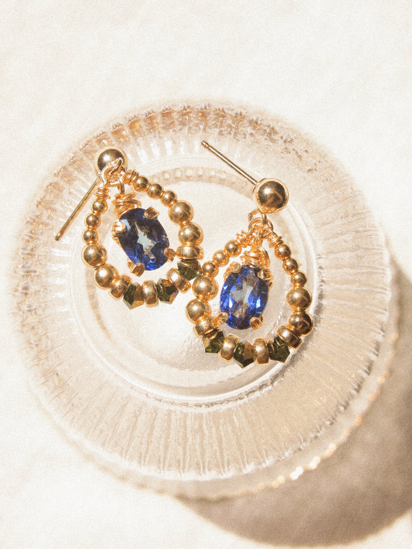 Suila Earrings with Faceted Blue Topaz in Prong Setting with Beaded Frame in Swarovski Crystals, 14K Gold Fill