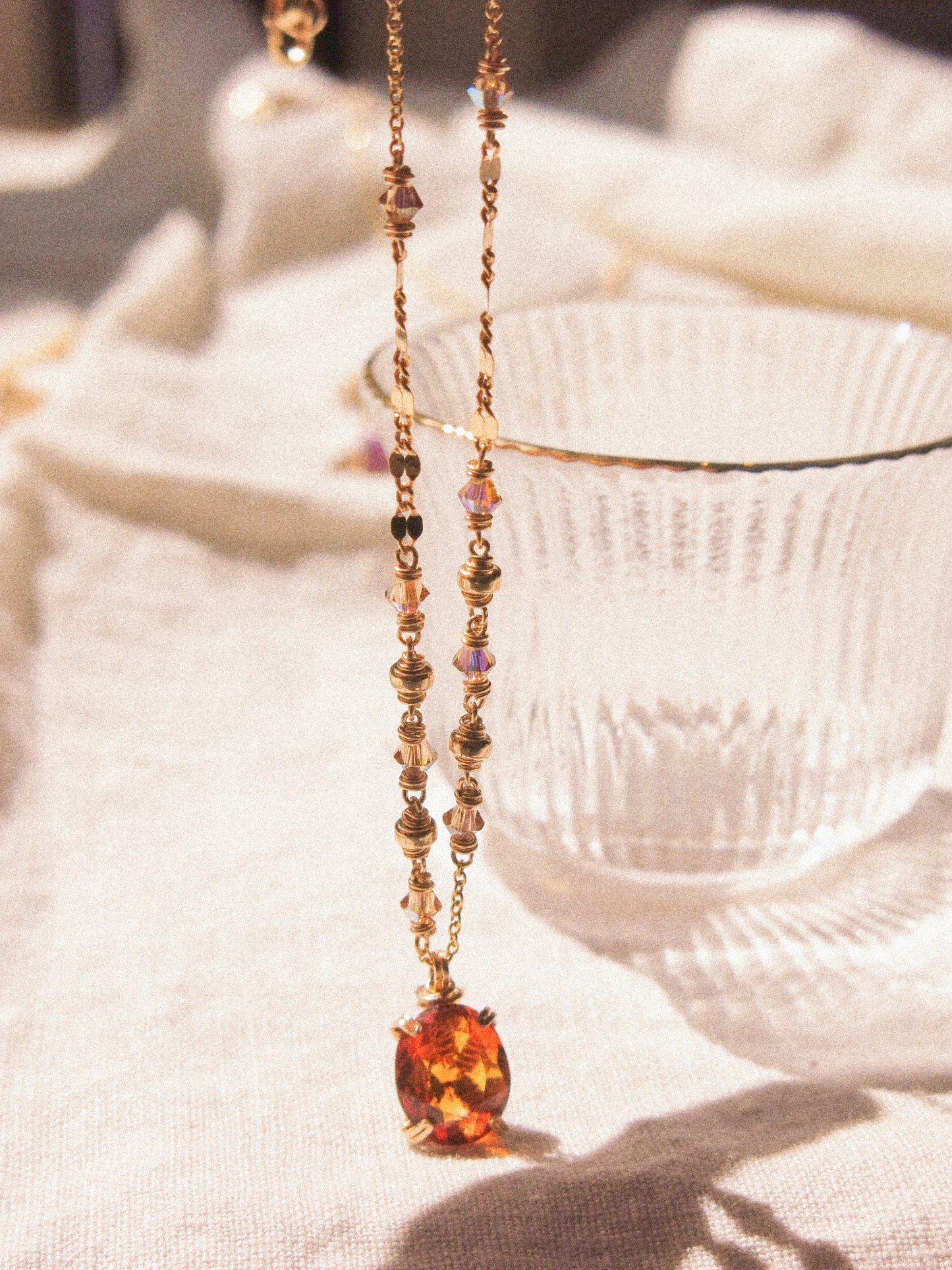 Orange: Prong Set Oval Faceted Citrine Necklace with Swarovski Crystal Accent Chain, 14K Gold Fill