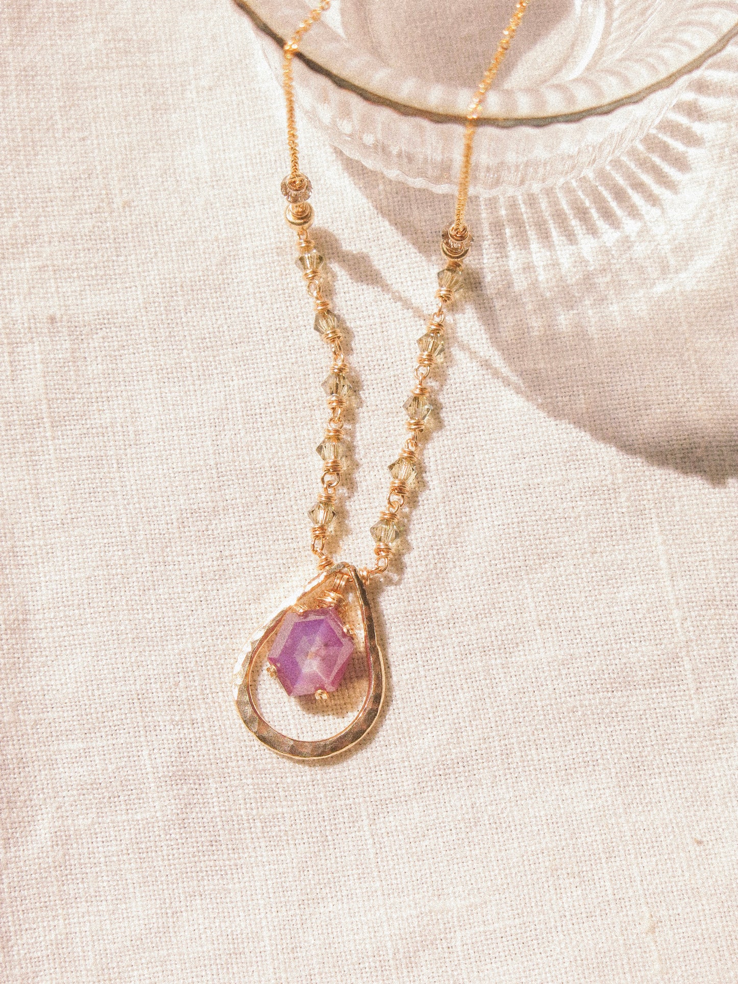 Violet: Elongated Hexagon Purple Silk Sapphire Prong Set Necklace in Textured Frame with Swarovski Crystal Accent Chain, 14K Gold Fill