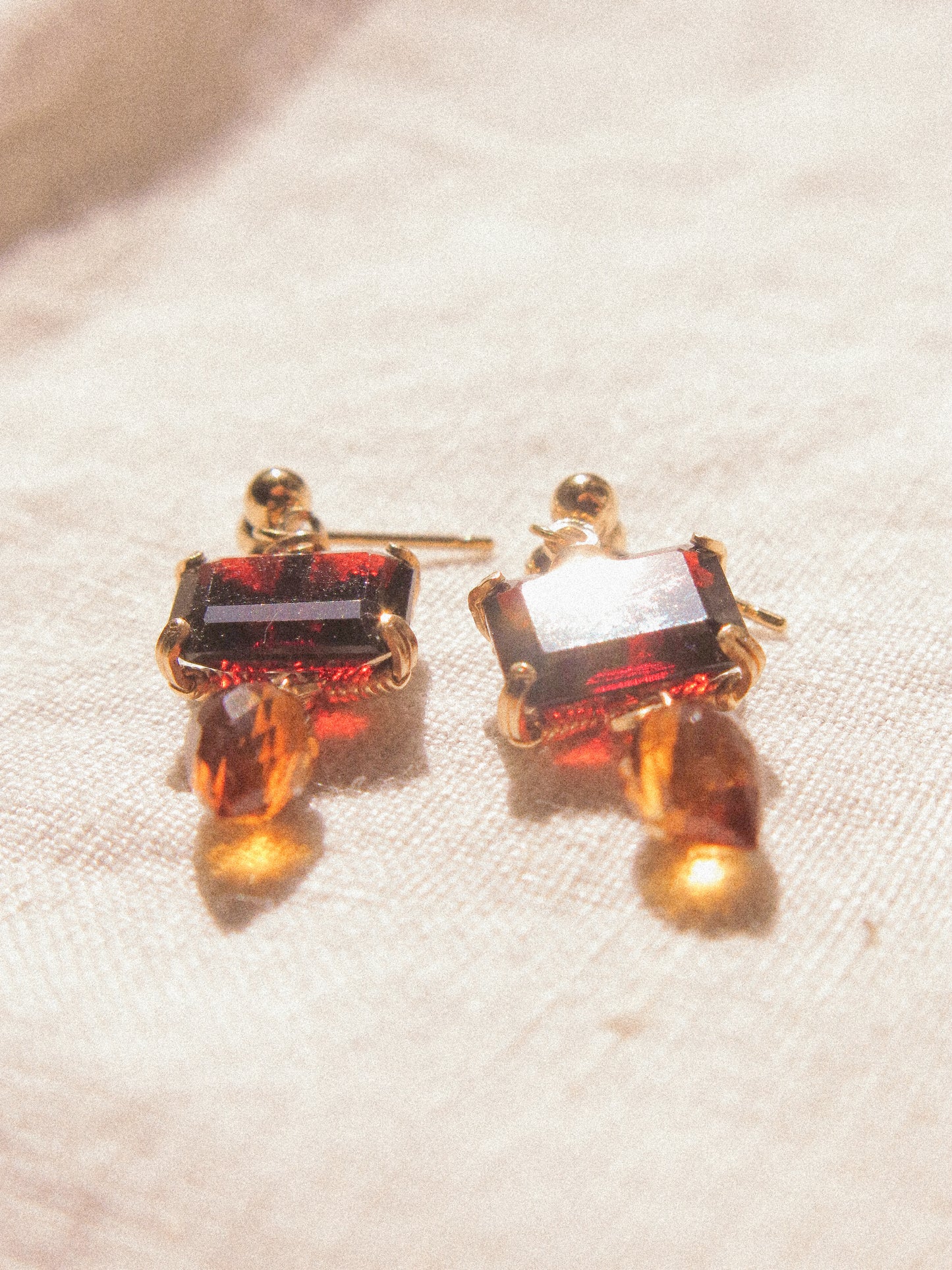 Red: Octagon Mozambique Garnet Prong Set Post Earrings with Microfaceted Brandy Citrine, 14K Gold Fill