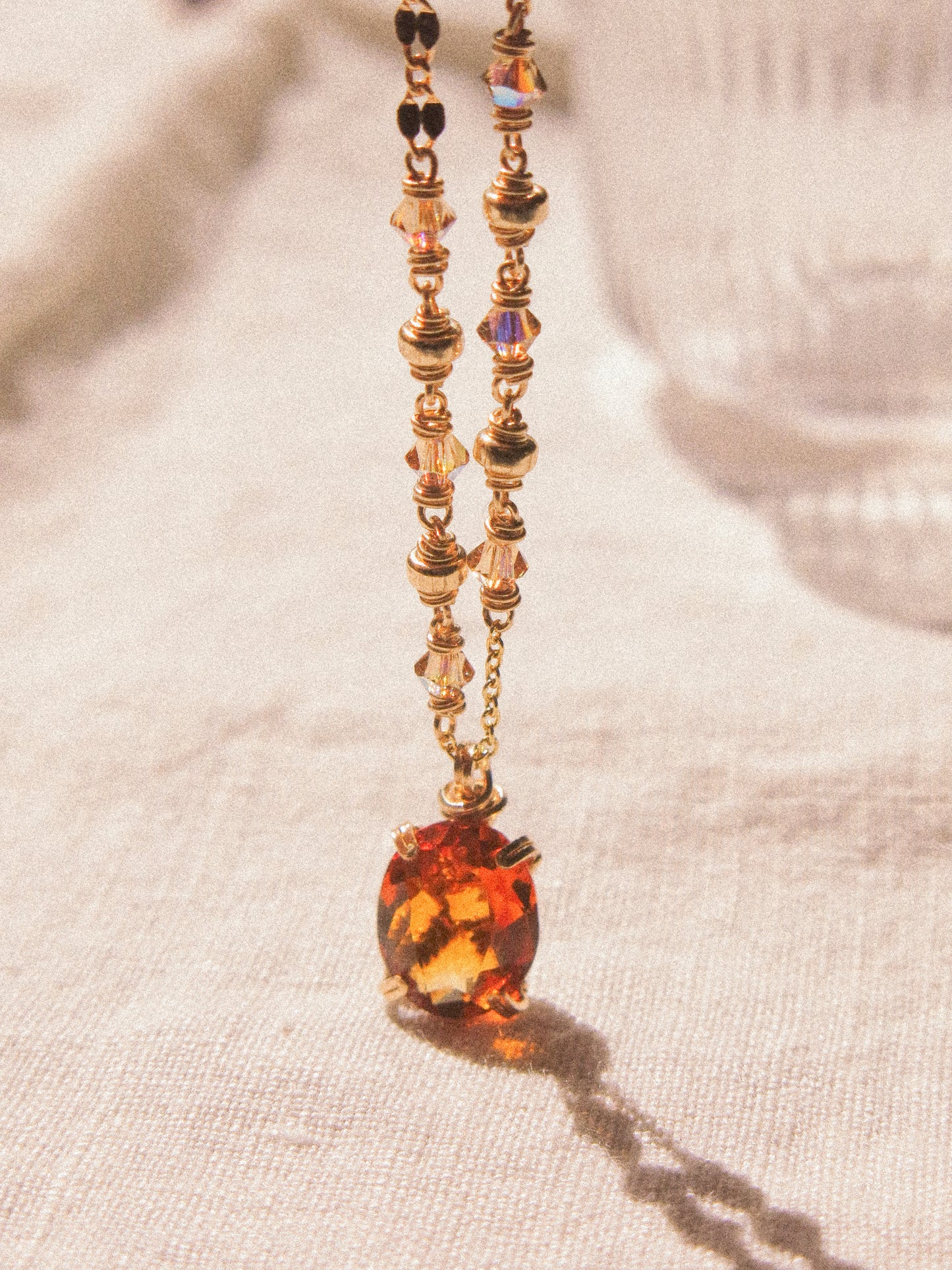 Orange: Prong Set Oval Faceted Citrine Necklace with Swarovski Crystal Accent Chain, 14K Gold Fill
