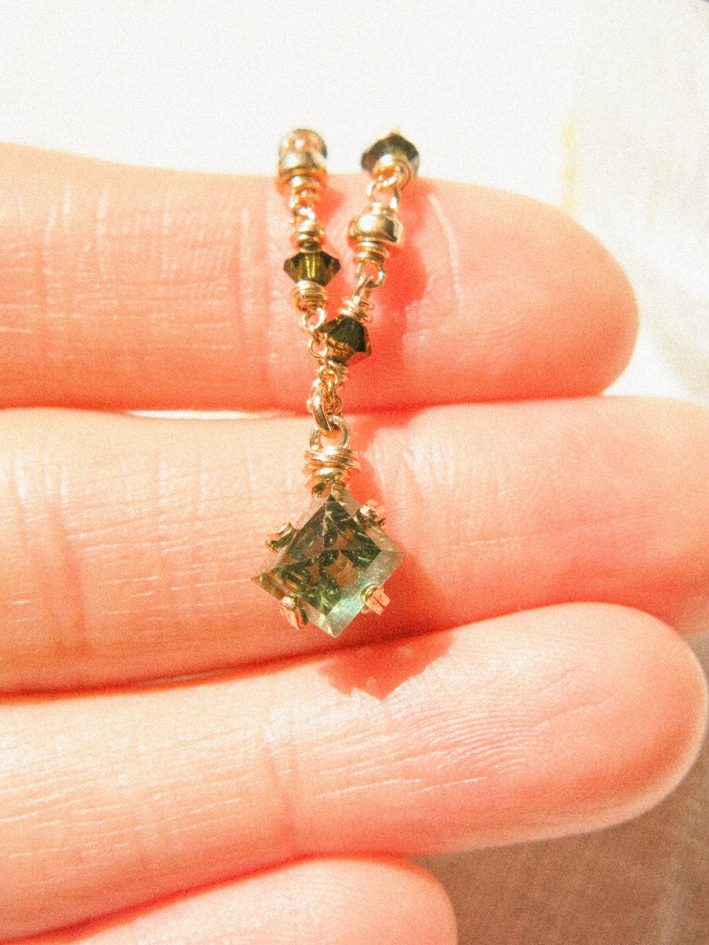 Forest Green Tourmaline Prong Set Pendant Necklace with Swarovski Crystal Accent, 14K Gold Fill