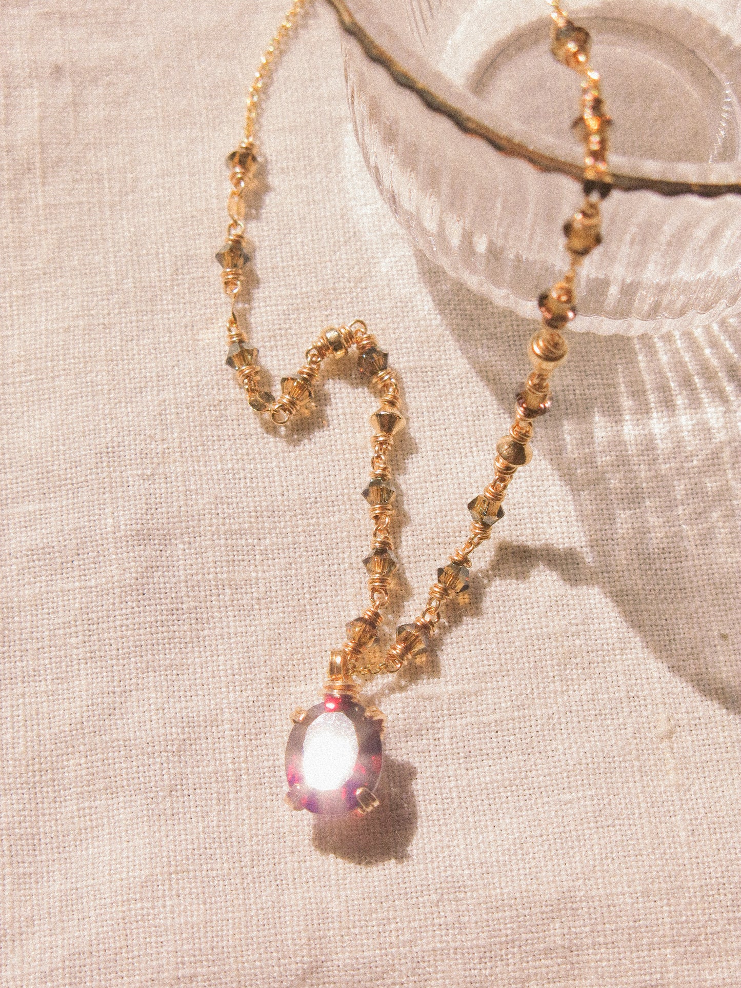 Red: Prong Set Oval Faceted Mozambique Garnet Necklace with Swarovski Crystal Accent Chain, 14K Gold Fill
