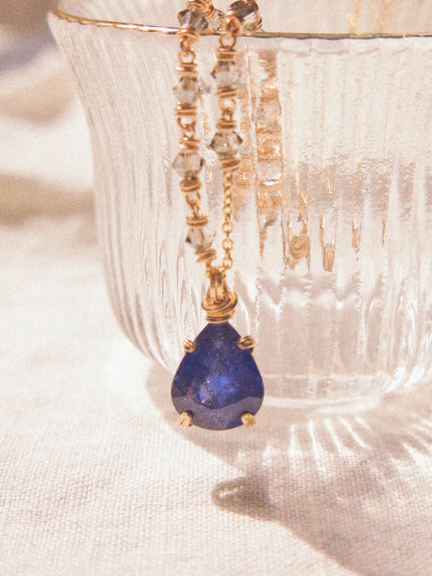 Indigo: Prong Set Teardrop Faceted Blue Sapphire Necklace with Swarovski Crystal Accent Chain, 14K Gold Fill