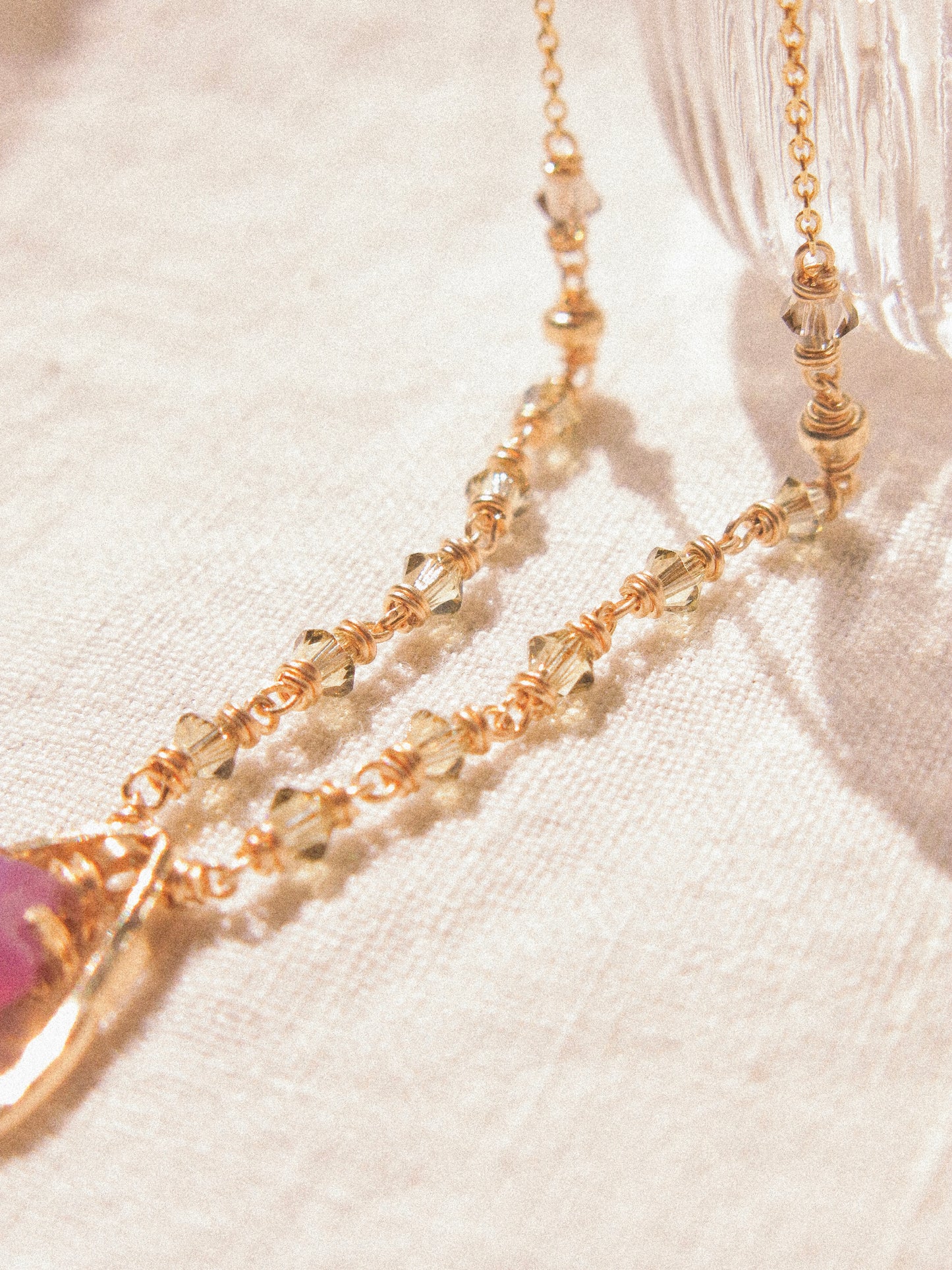 Violet: Elongated Hexagon Purple Silk Sapphire Prong Set Necklace in Textured Frame with Swarovski Crystal Accent Chain, 14K Gold Fill