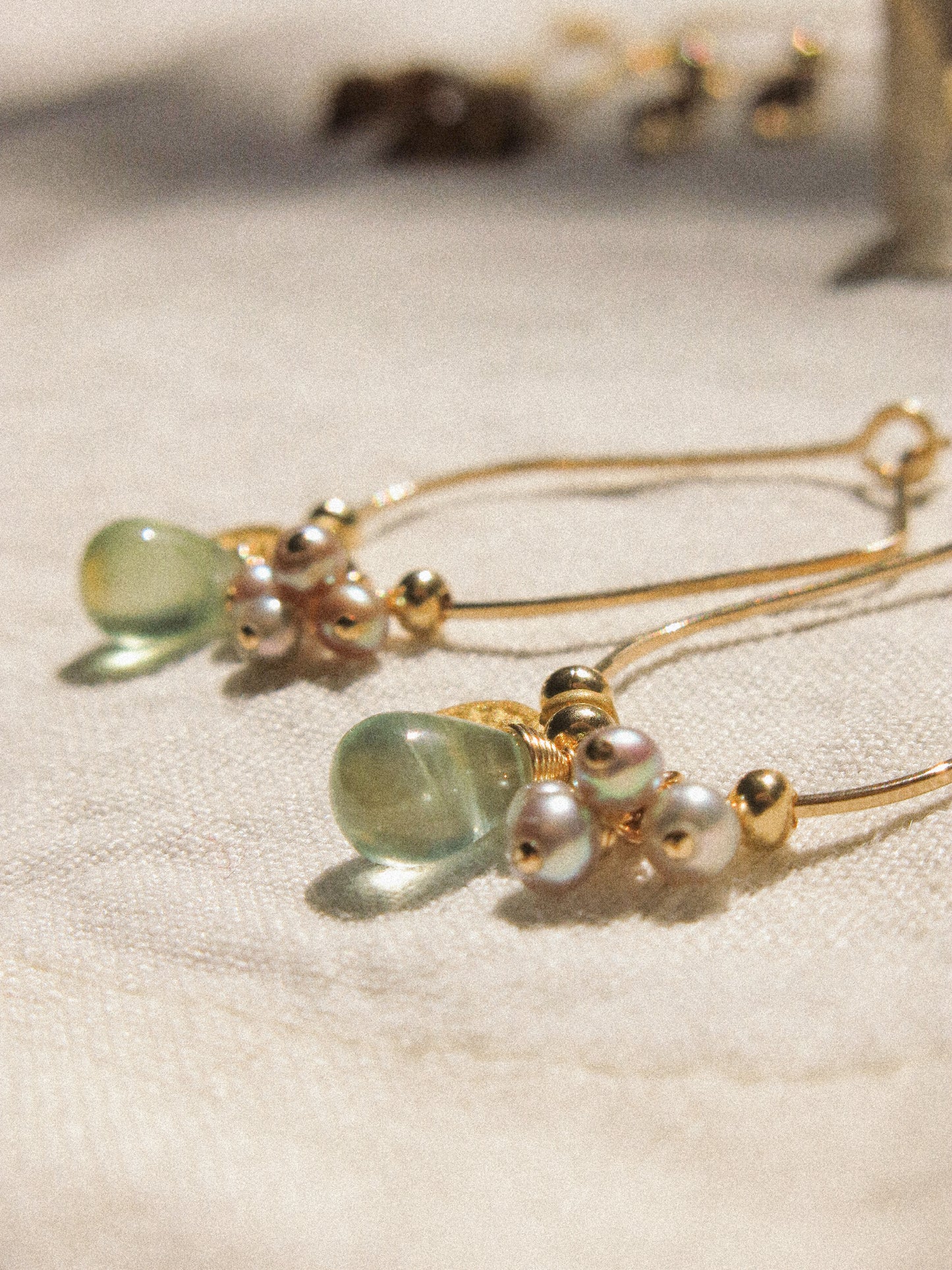 Hammered Oval Hoop Earrings with Matte Gold Vermeil Coin Charm, Silver Round Pearl Clusters, and Smooth Prehnite Drops, June Birthstone