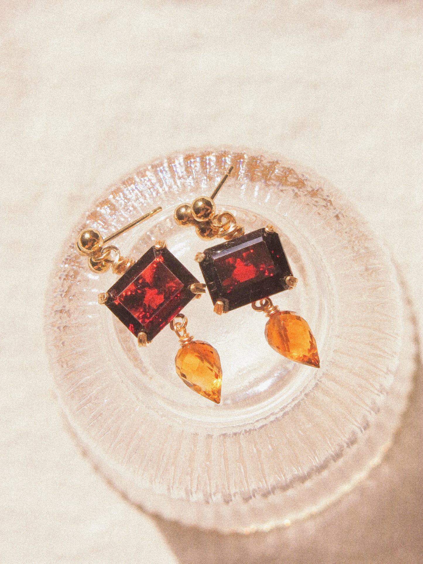 Red: Octagon Mozambique Garnet Prong Set Post Earrings with Microfaceted Brandy Citrine, 14K Gold Fill