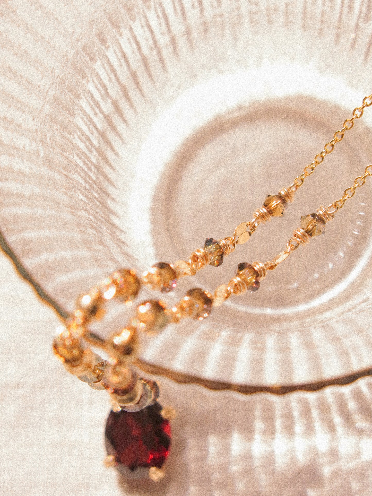 Red: Prong Set Oval Faceted Mozambique Garnet Necklace with Swarovski Crystal Accent Chain, 14K Gold Fill