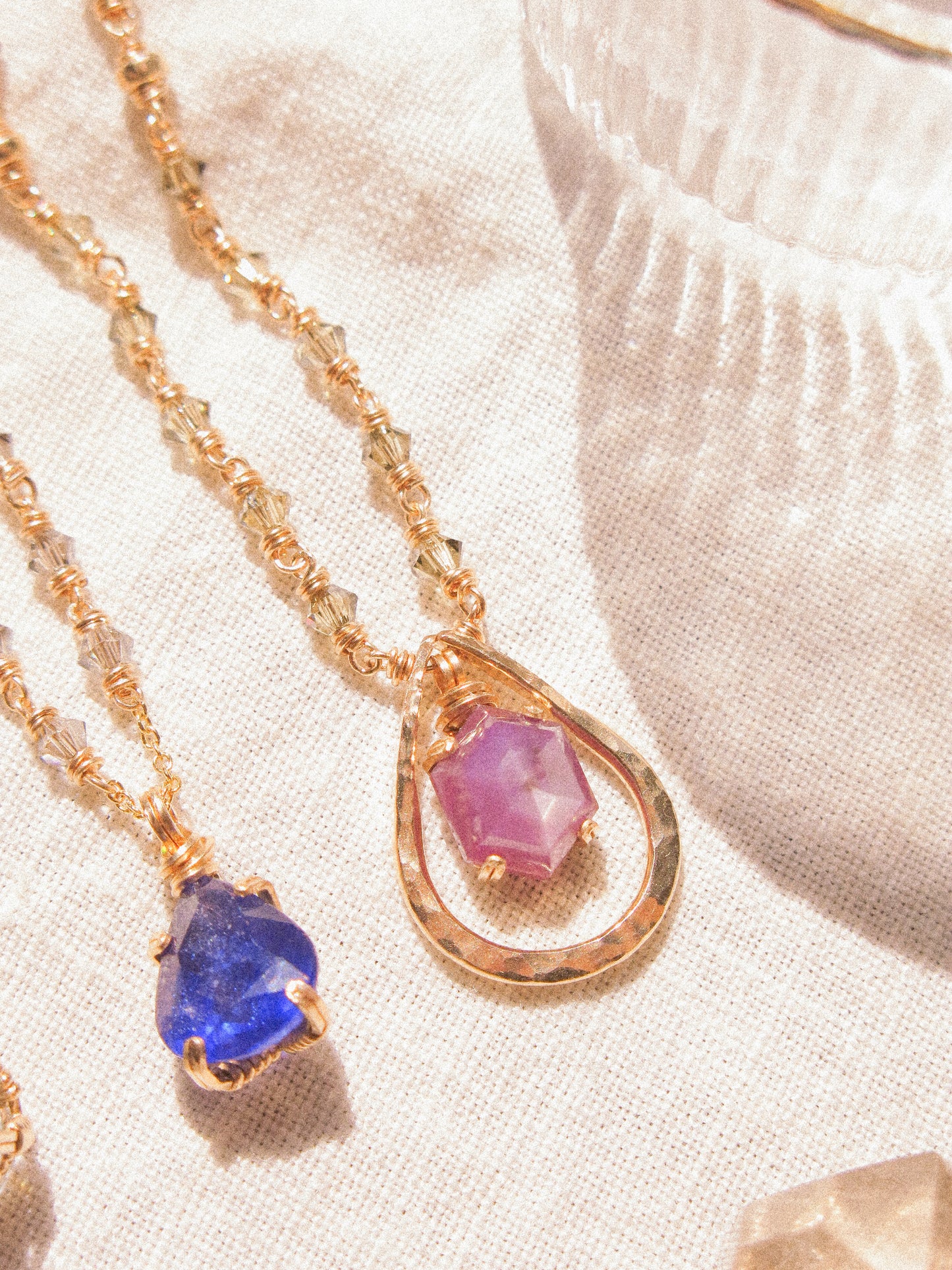Violet: Elongated Hexagon Purple Silk Sapphire Prong Set Necklace in Textured Frame with Swarovski Crystal Accent Chain, 14K Gold Fill