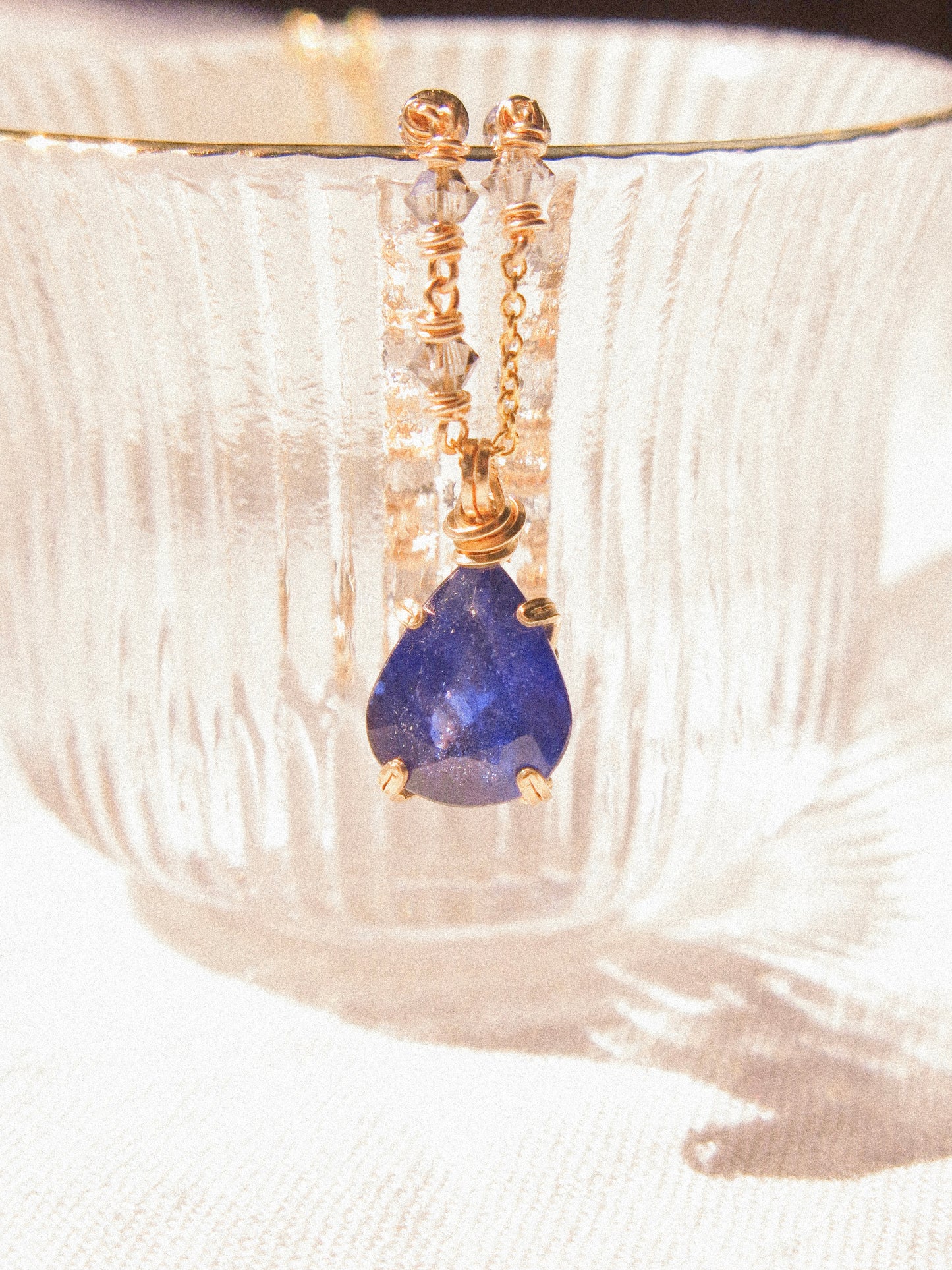 Indigo: Prong Set Teardrop Faceted Blue Sapphire Necklace with Swarovski Crystal Accent Chain, 14K Gold Fill