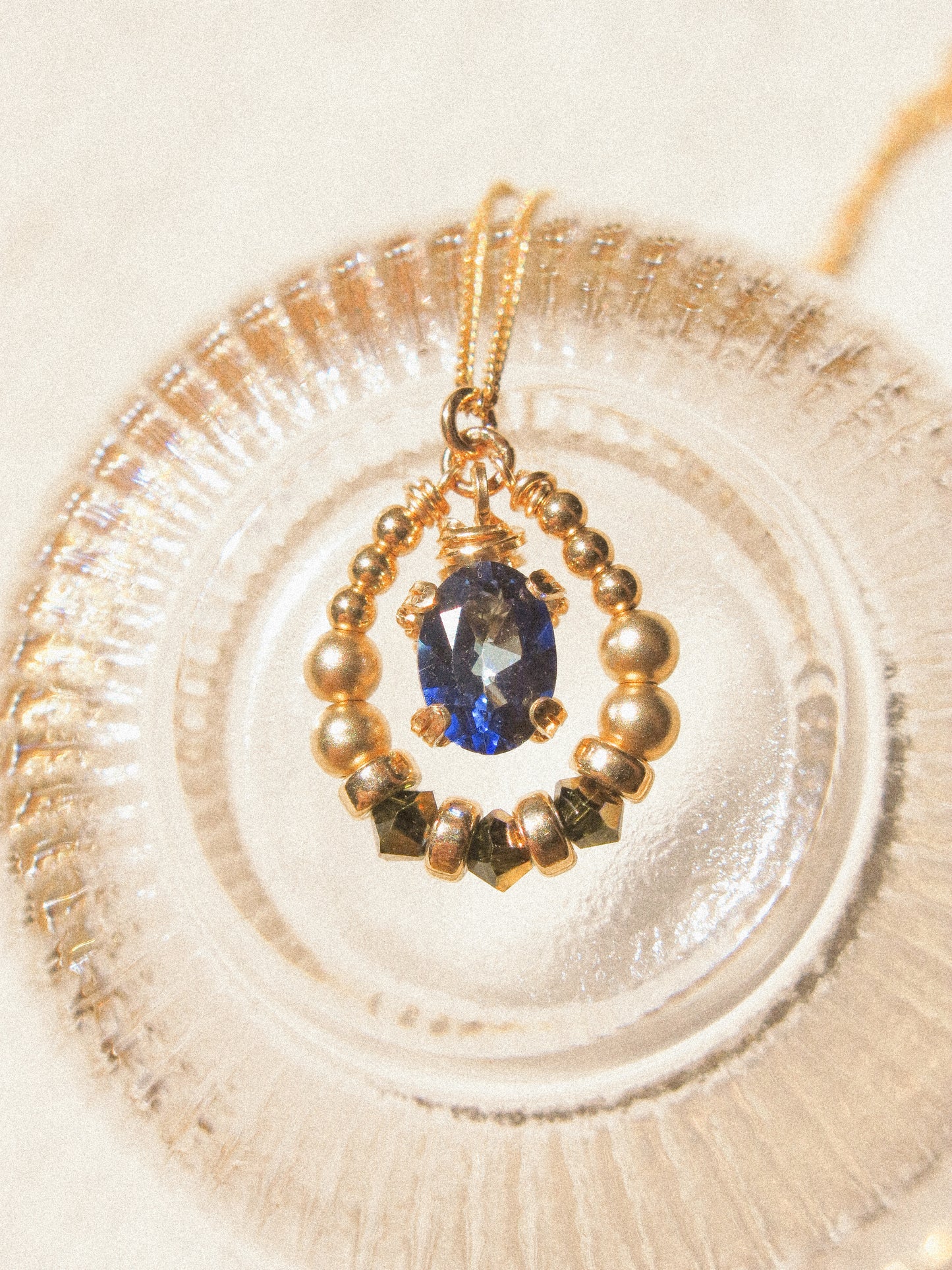 Suila Necklace #2 with Faceted Blue Topaz in Prong Setting with Beaded Frame in Swarovski Crystals, 14K Gold Fill