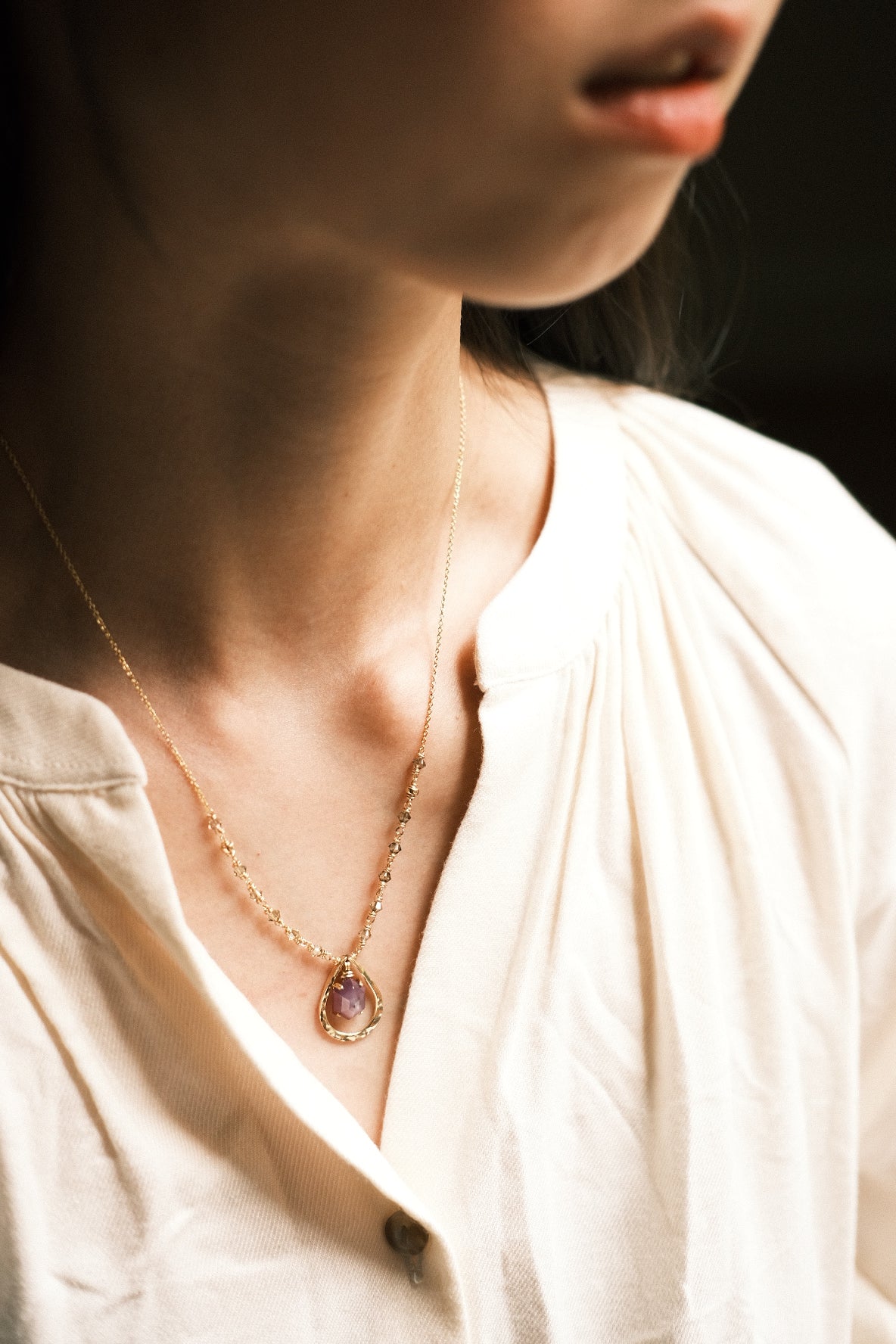 Violet: Elongated Hexagon Purple Silk Sapphire Prong Set Necklace in Textured Frame with Swarovski Crystal Accent Chain, 14K Gold Fill