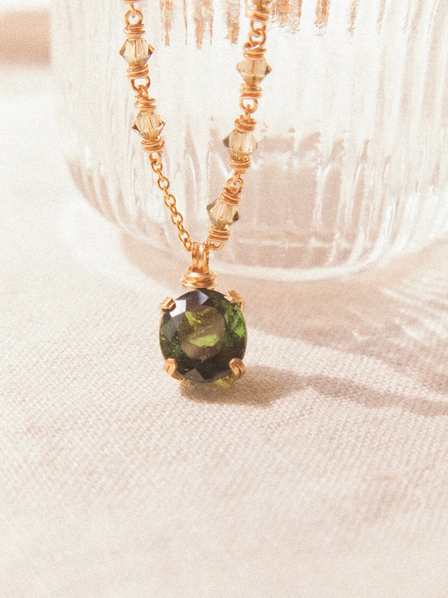 Green: Prong Set Oval Faceted Deep Green Tourmaline Necklace with Swarovski Crystal Accent Chain, 14K Gold Fill