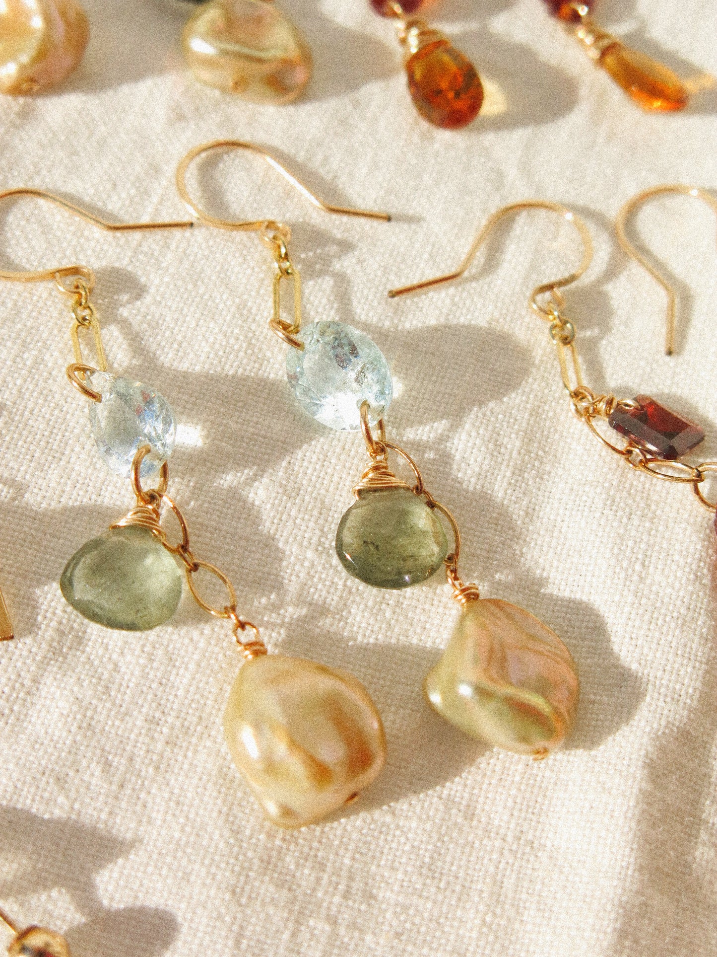 Golden Keshi Pearl, Faceted Aquamarine, and Faceted Moss Aquamarine Briolette Dangle Earrings in 14K Gold Ill, March and June Birthstone