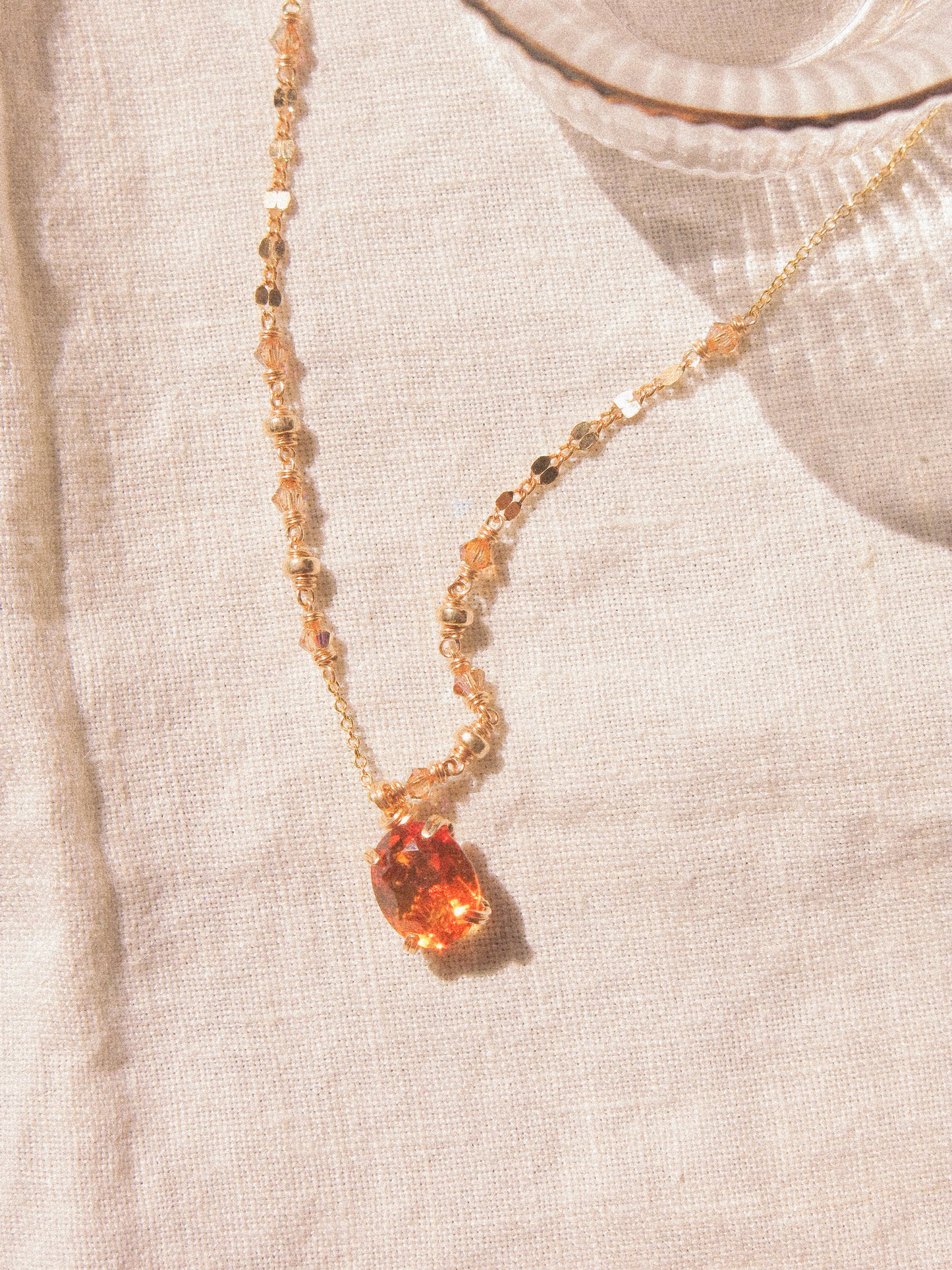Orange: Prong Set Oval Faceted Citrine Necklace with Swarovski Crystal Accent Chain, 14K Gold Fill