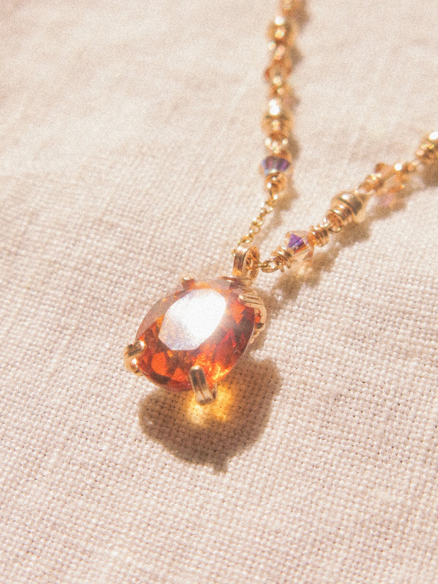 Orange: Prong Set Oval Faceted Citrine Necklace with Swarovski Crystal Accent Chain, 14K Gold Fill