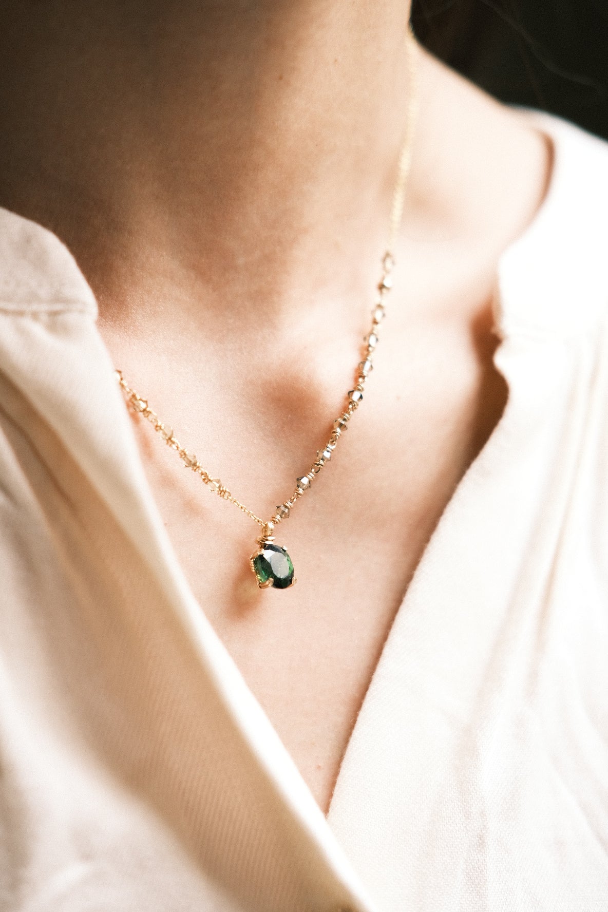 Green: Prong Set Oval Faceted Deep Green Tourmaline Necklace with Swarovski Crystal Accent Chain, 14K Gold Fill
