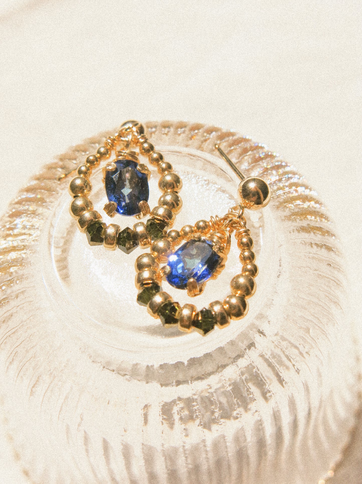 Suila Earrings with Faceted Blue Topaz in Prong Setting with Beaded Frame in Swarovski Crystals, 14K Gold Fill