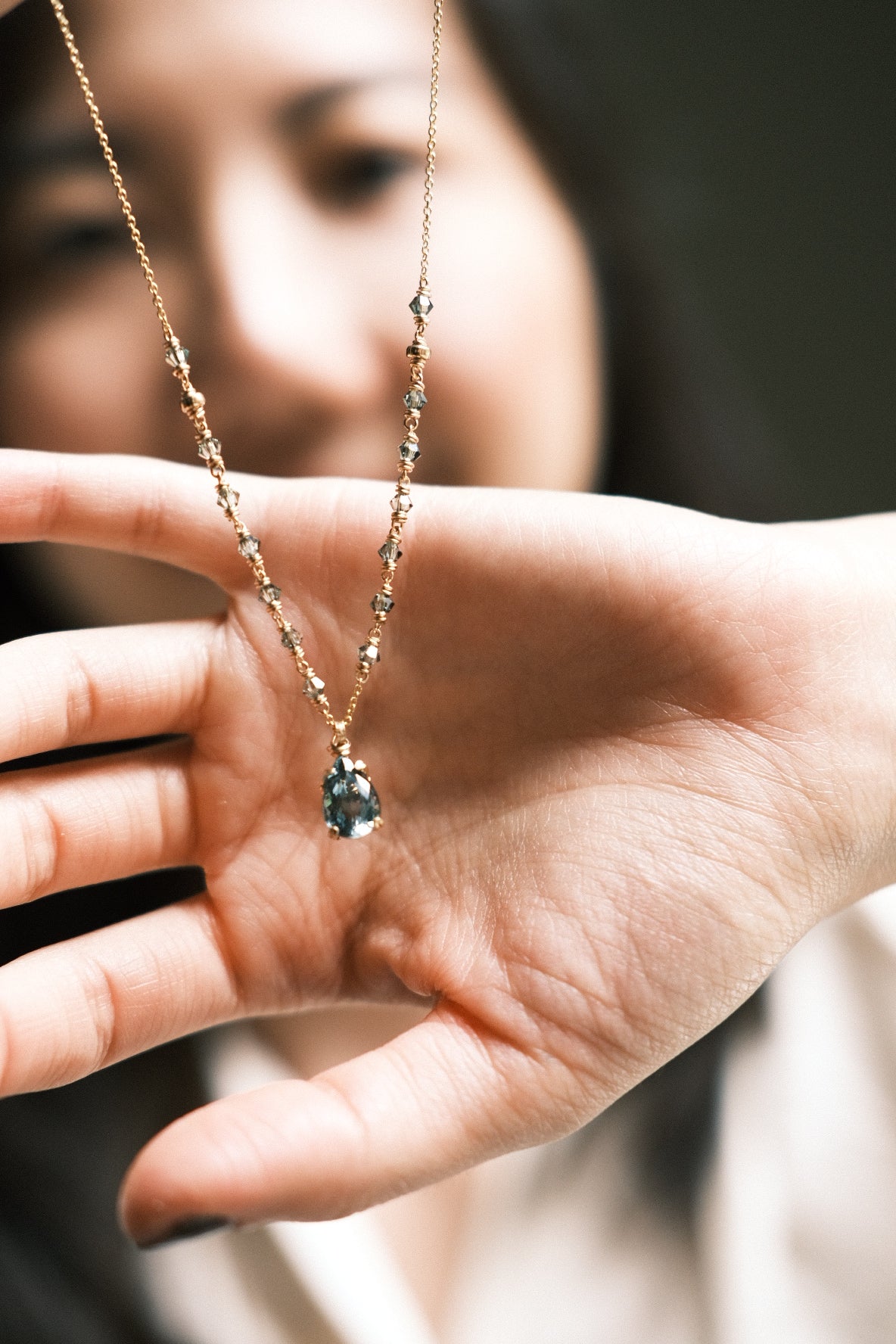 Blue: Prong Set Teardrop Faceted Icy Blue Tourmaline Necklace with Swarovski Crystal Accent Chain, 14K Gold Fill