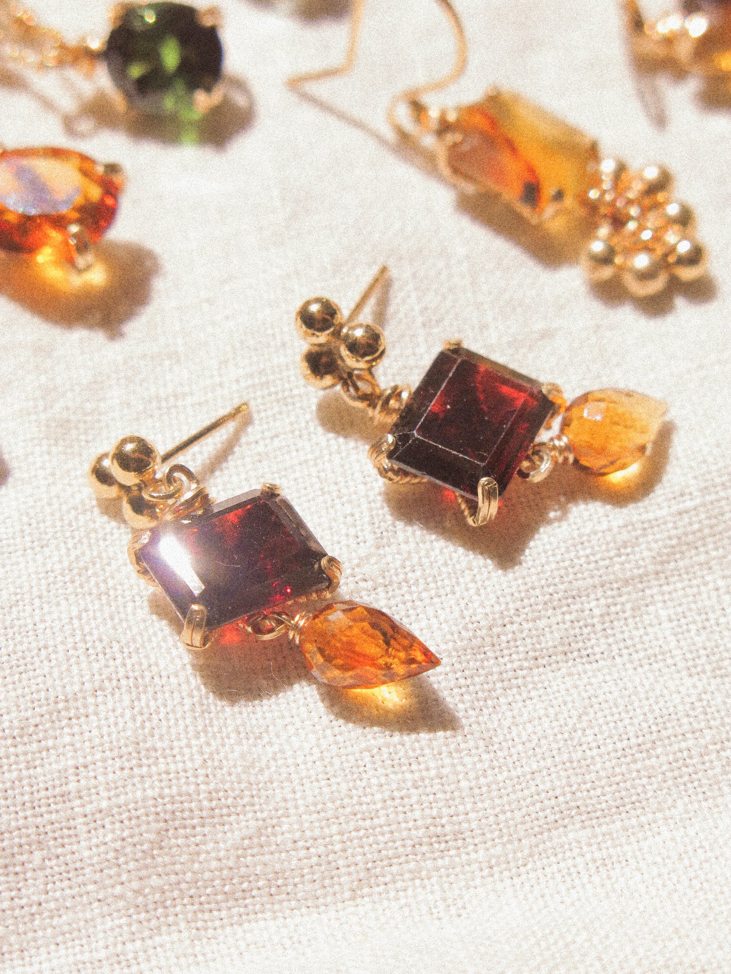Red: Octagon Mozambique Garnet Prong Set Post Earrings with Microfaceted Brandy Citrine, 14K Gold Fill