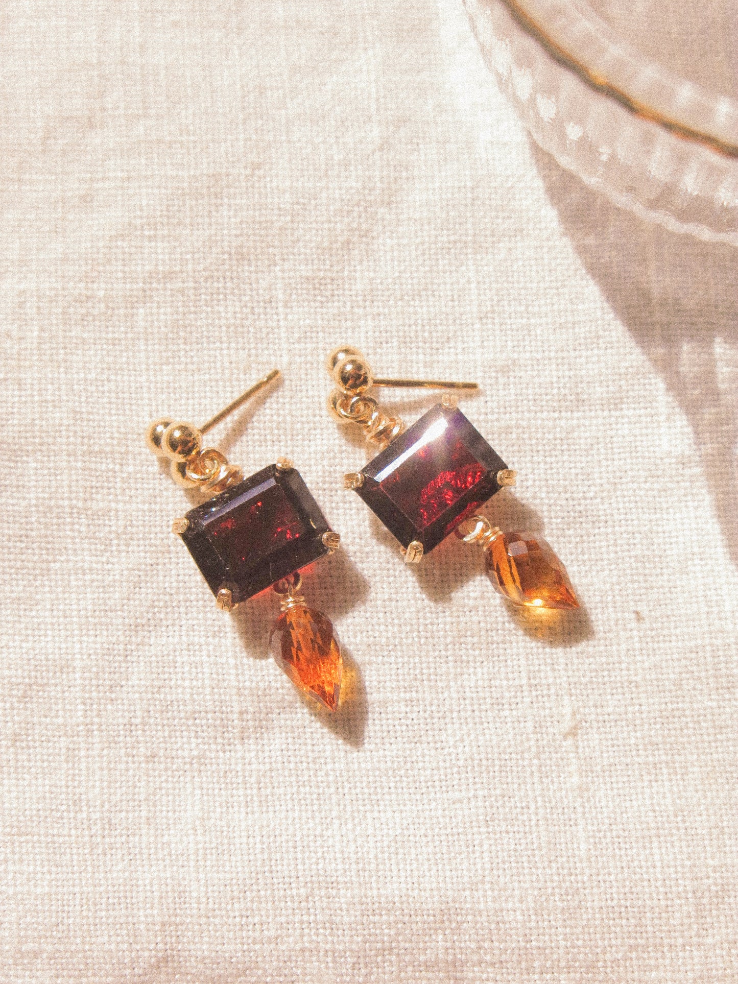 Red: Octagon Mozambique Garnet Prong Set Post Earrings with Microfaceted Brandy Citrine, 14K Gold Fill