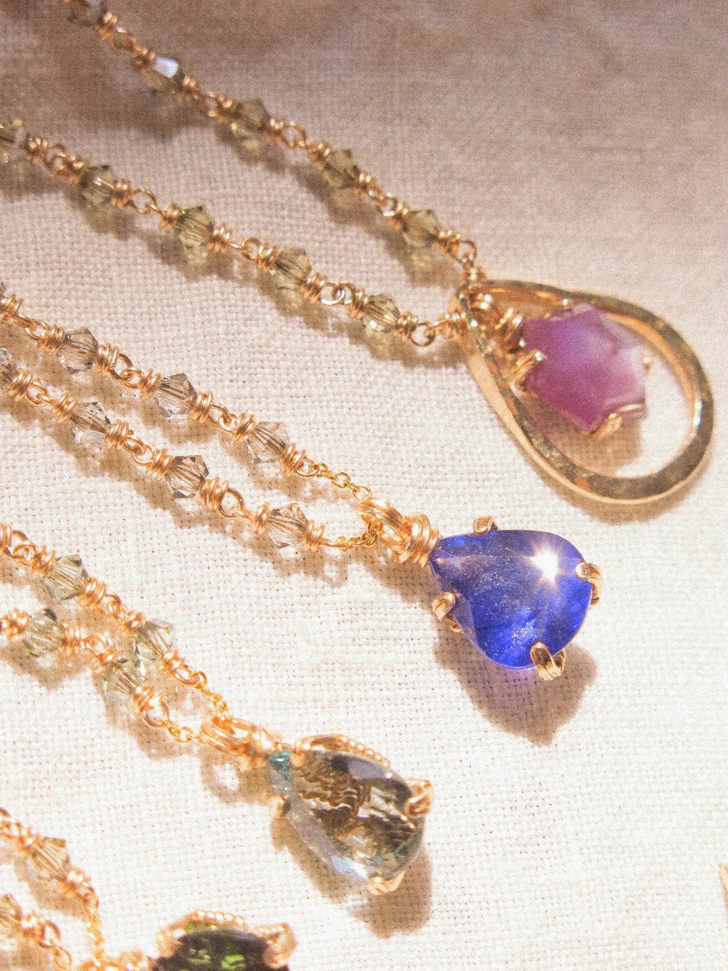 Indigo: Prong Set Teardrop Faceted Blue Sapphire Necklace with Swarovski Crystal Accent Chain, 14K Gold Fill