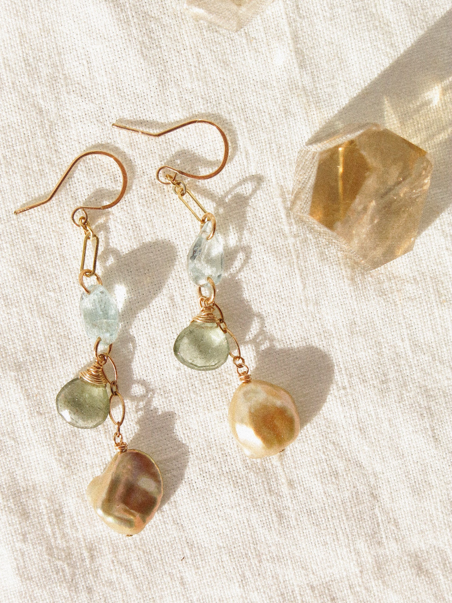 Golden Keshi Pearl, Faceted Aquamarine, and Faceted Moss Aquamarine Briolette Dangle Earrings in 14K Gold Ill, March and June Birthstone