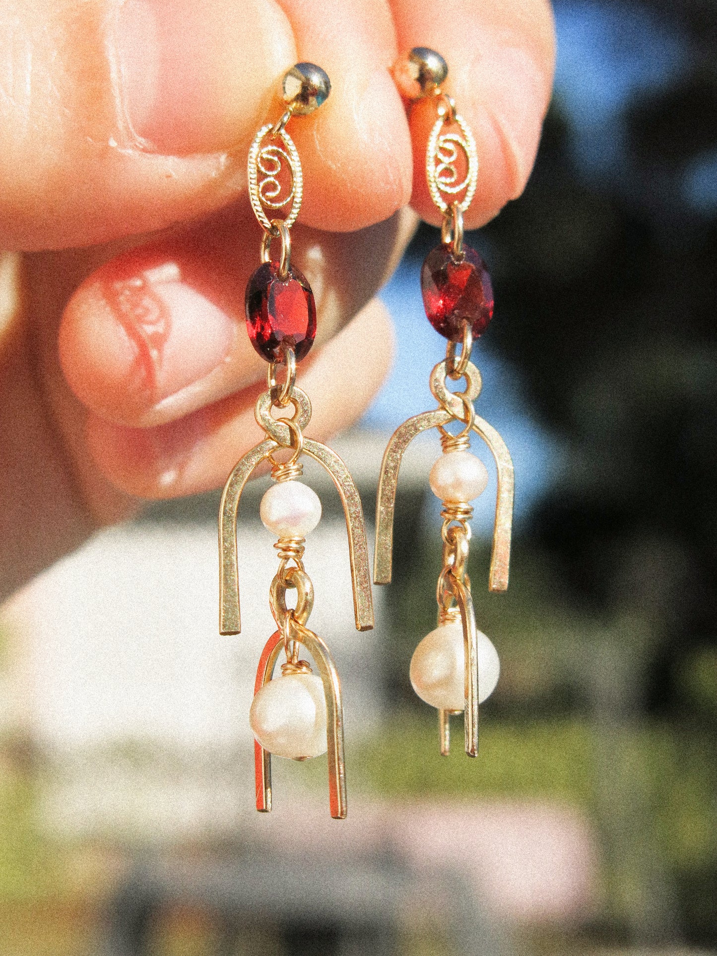 White Pearl and Faceted Oval Mozambique Garnet and 3D Arc Ball Post Earrings in 14K Gold Fill, January and June Birthstone, Cascading Dangle