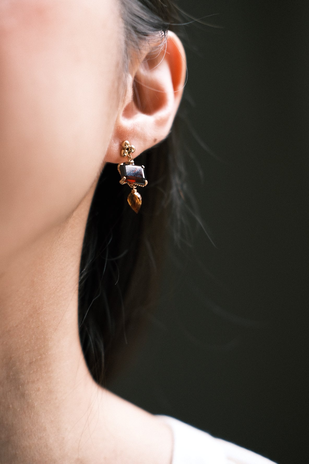 Red: Octagon Mozambique Garnet Prong Set Post Earrings with Microfaceted Brandy Citrine, 14K Gold Fill