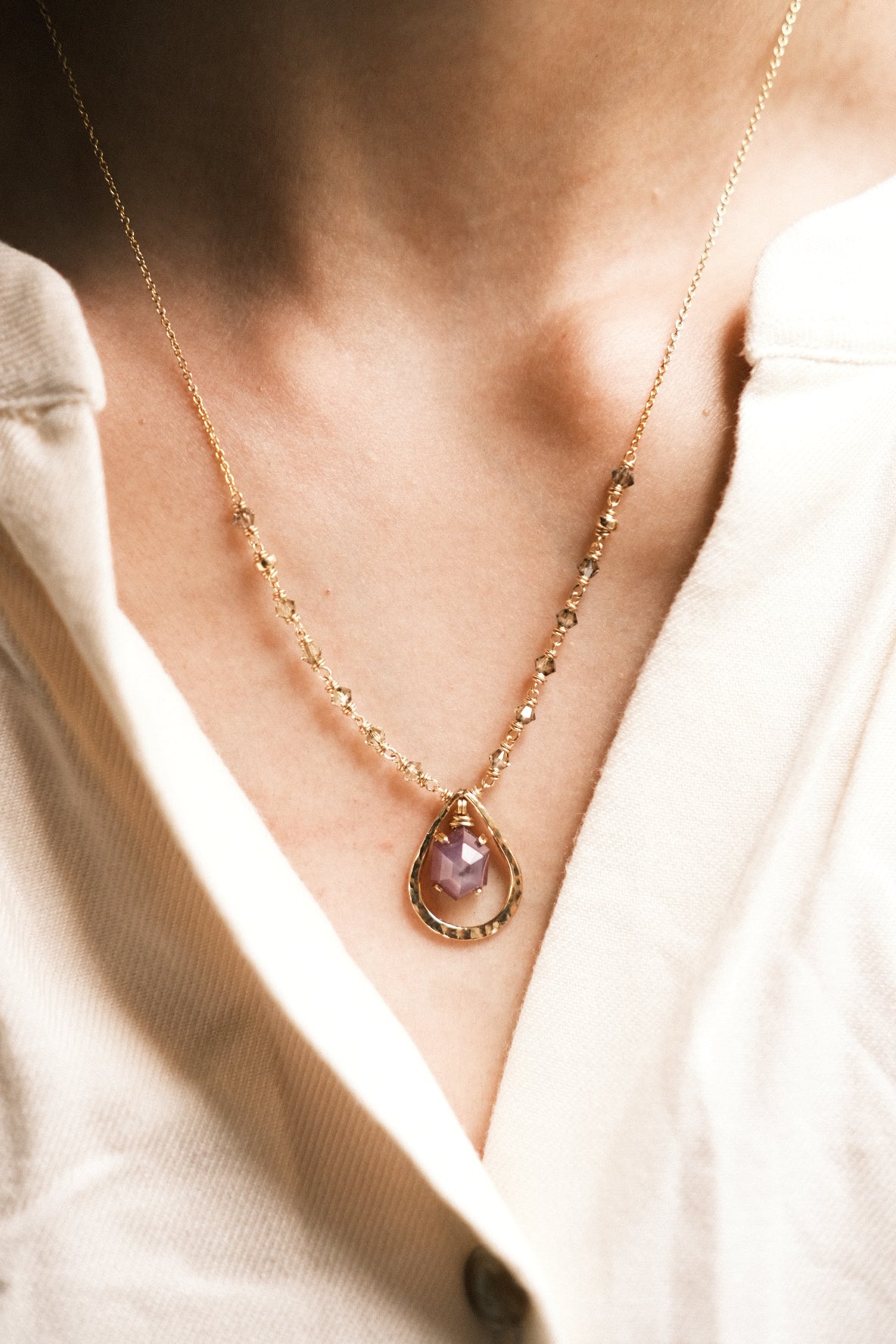 Violet: Elongated Hexagon Purple Silk Sapphire Prong Set Necklace in Textured Frame with Swarovski Crystal Accent Chain, 14K Gold Fill