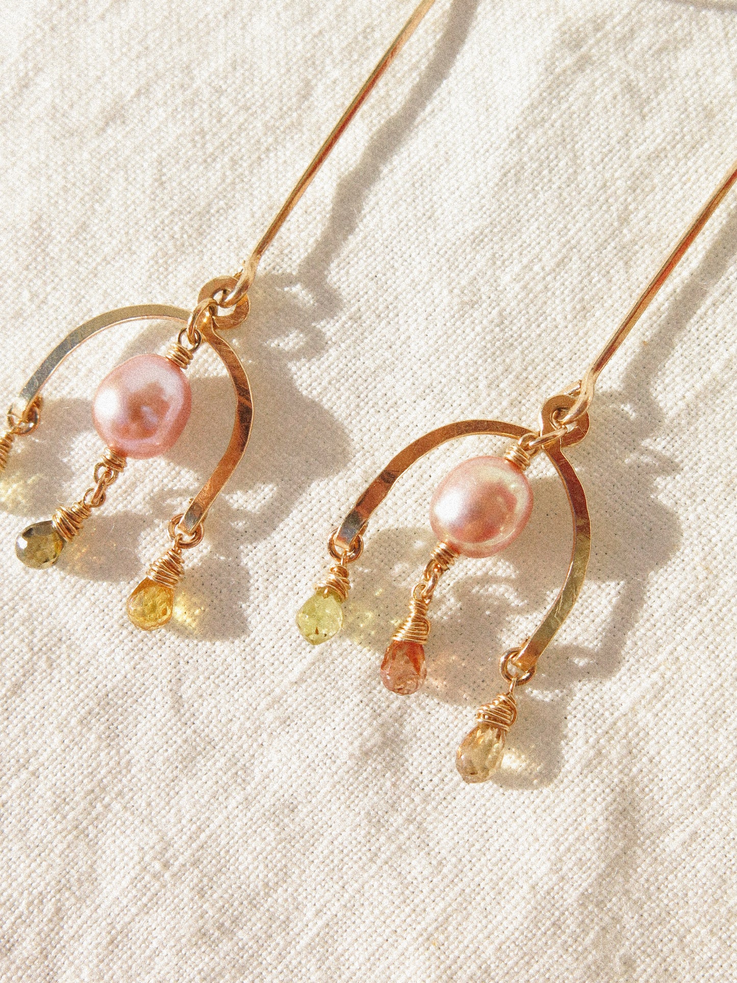 Lantern Bar Shoulder Dusters Earrings with Arc Chandelier, Mauve Pearl, and faceted Zircon Teardrops in 14K Gold Fill, December Birthstone