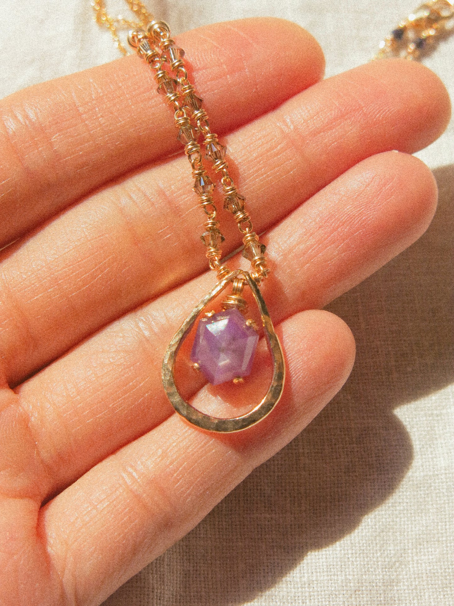 Violet: Elongated Hexagon Purple Silk Sapphire Prong Set Necklace in Textured Frame with Swarovski Crystal Accent Chain, 14K Gold Fill