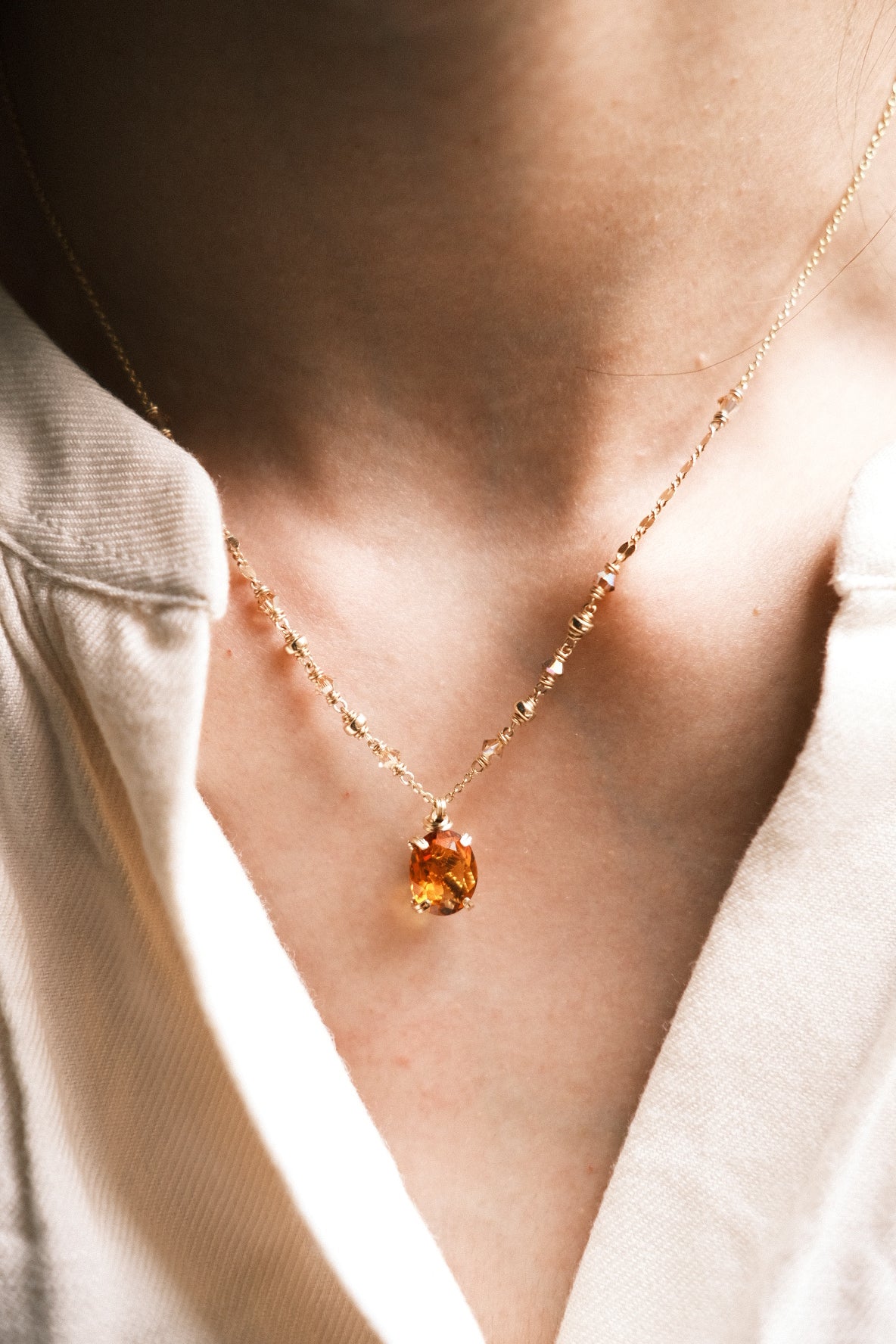 Orange: Prong Set Oval Faceted Citrine Necklace with Swarovski Crystal Accent Chain, 14K Gold Fill