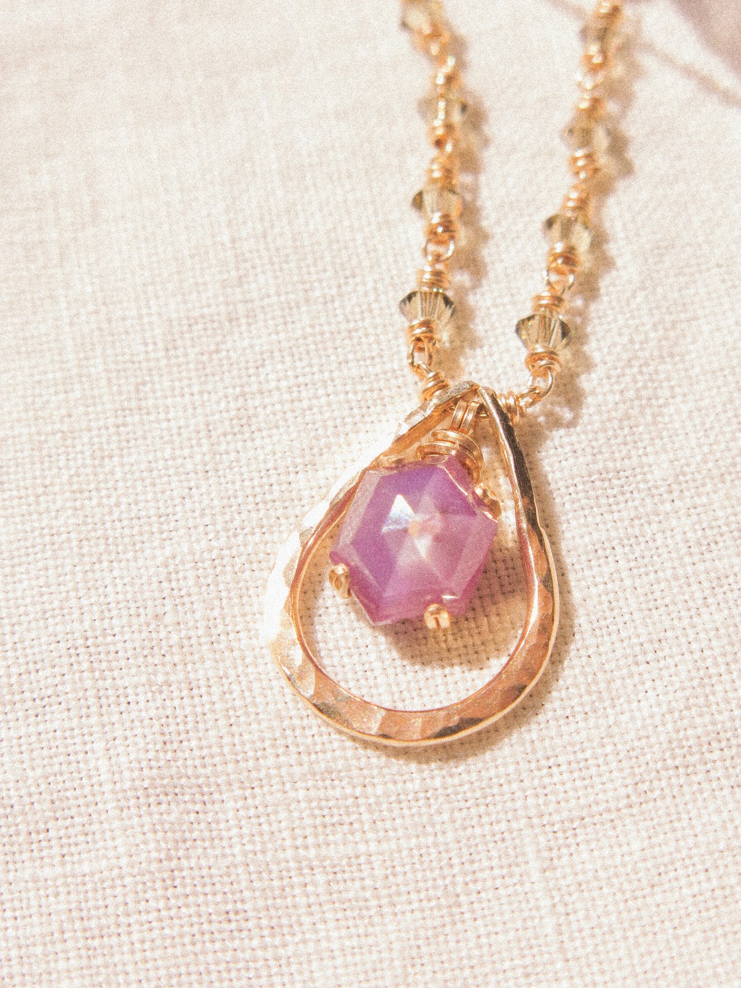 Violet: Elongated Hexagon Purple Silk Sapphire Prong Set Necklace in Textured Frame with Swarovski Crystal Accent Chain, 14K Gold Fill