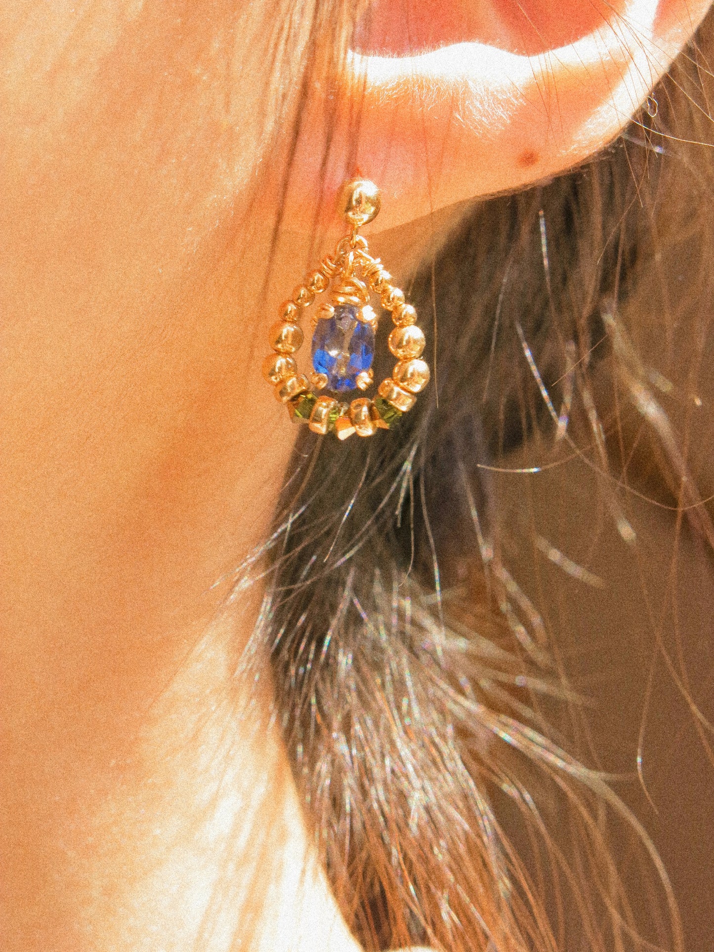 Suila Earrings with Faceted Blue Topaz in Prong Setting with Beaded Frame in Swarovski Crystals, 14K Gold Fill