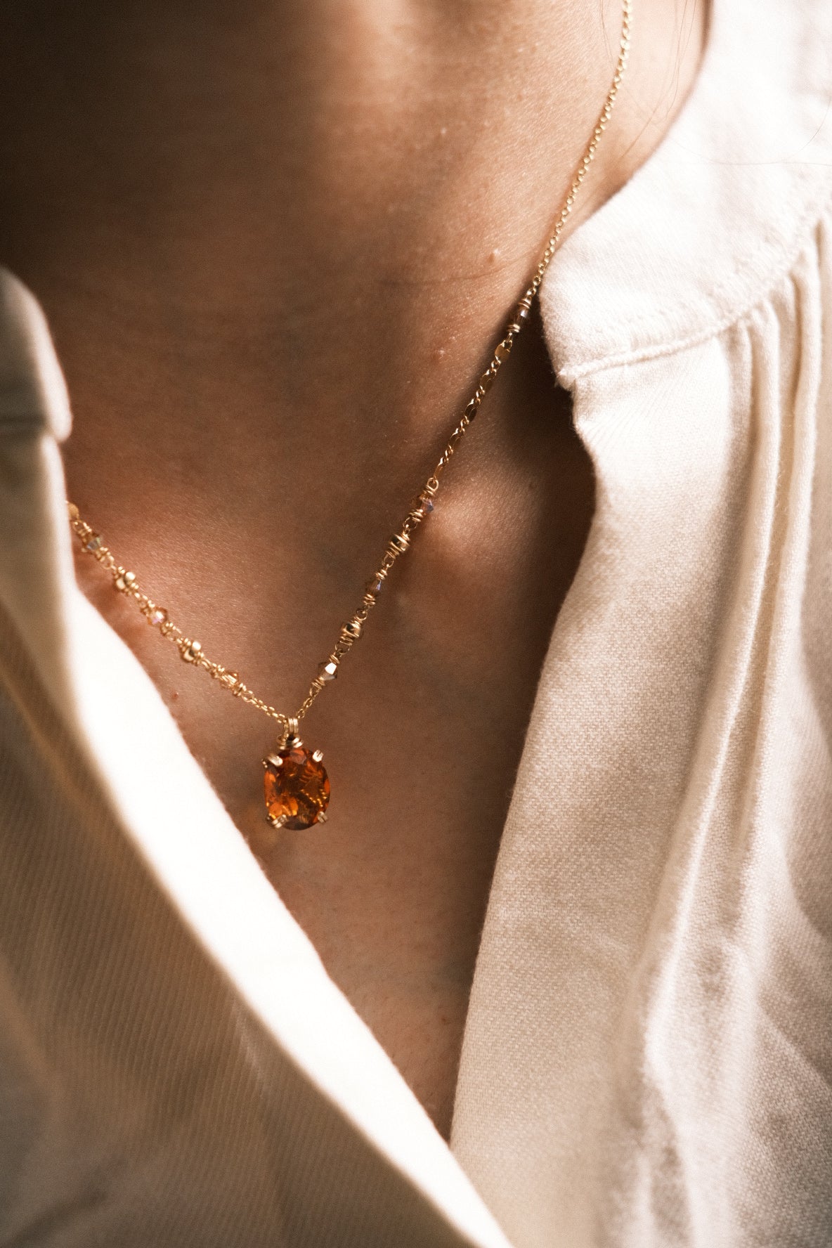 Orange: Prong Set Oval Faceted Citrine Necklace with Swarovski Crystal Accent Chain, 14K Gold Fill
