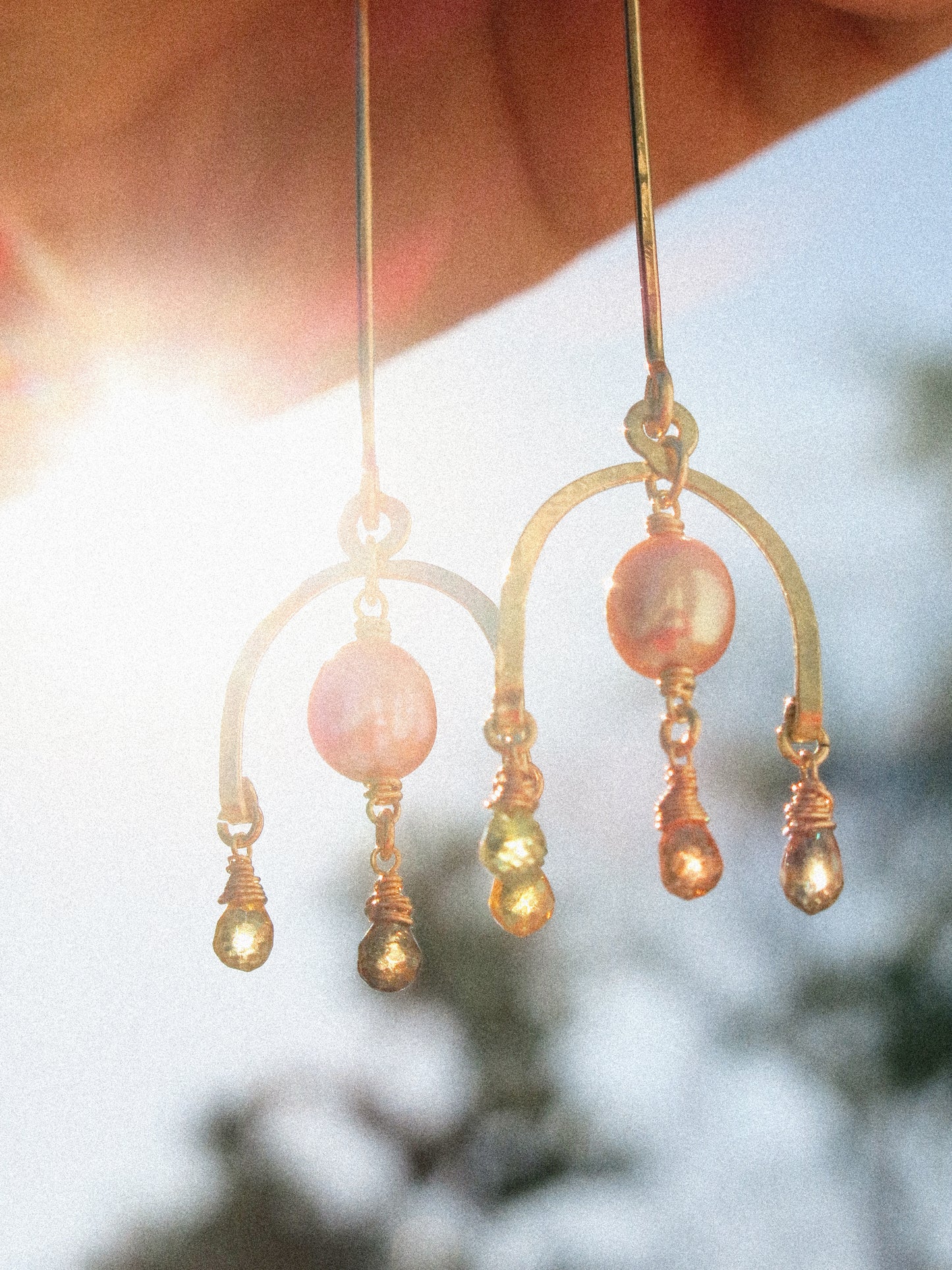 Lantern Bar Shoulder Dusters Earrings with Arc Chandelier, Mauve Pearl, and faceted Zircon Teardrops in 14K Gold Fill, December Birthstone
