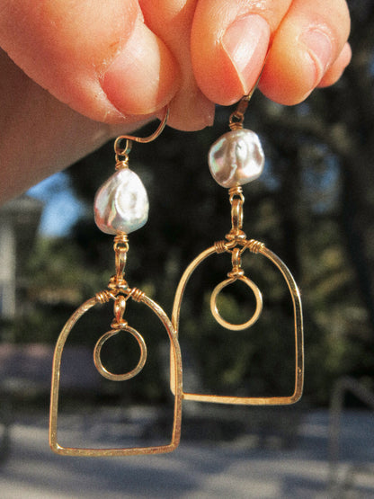 Silver Keshi Pearl and Hand-textured Window Frame Dangle Earrings in 14K Gold Fill, June Birthstone, Victorian-inspired Earrings, Bridal