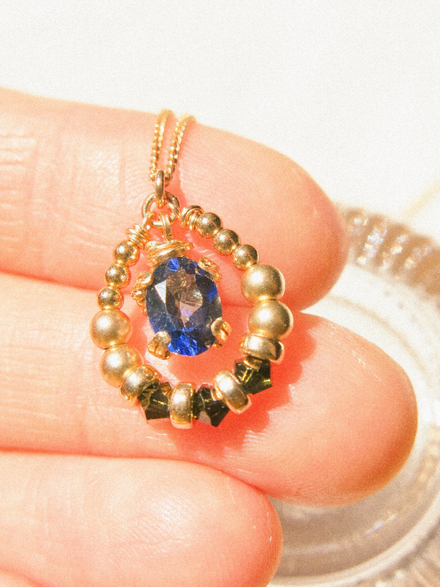 Suila Necklace #2 with Faceted Blue Topaz in Prong Setting with Beaded Frame in Swarovski Crystals, 14K Gold Fill