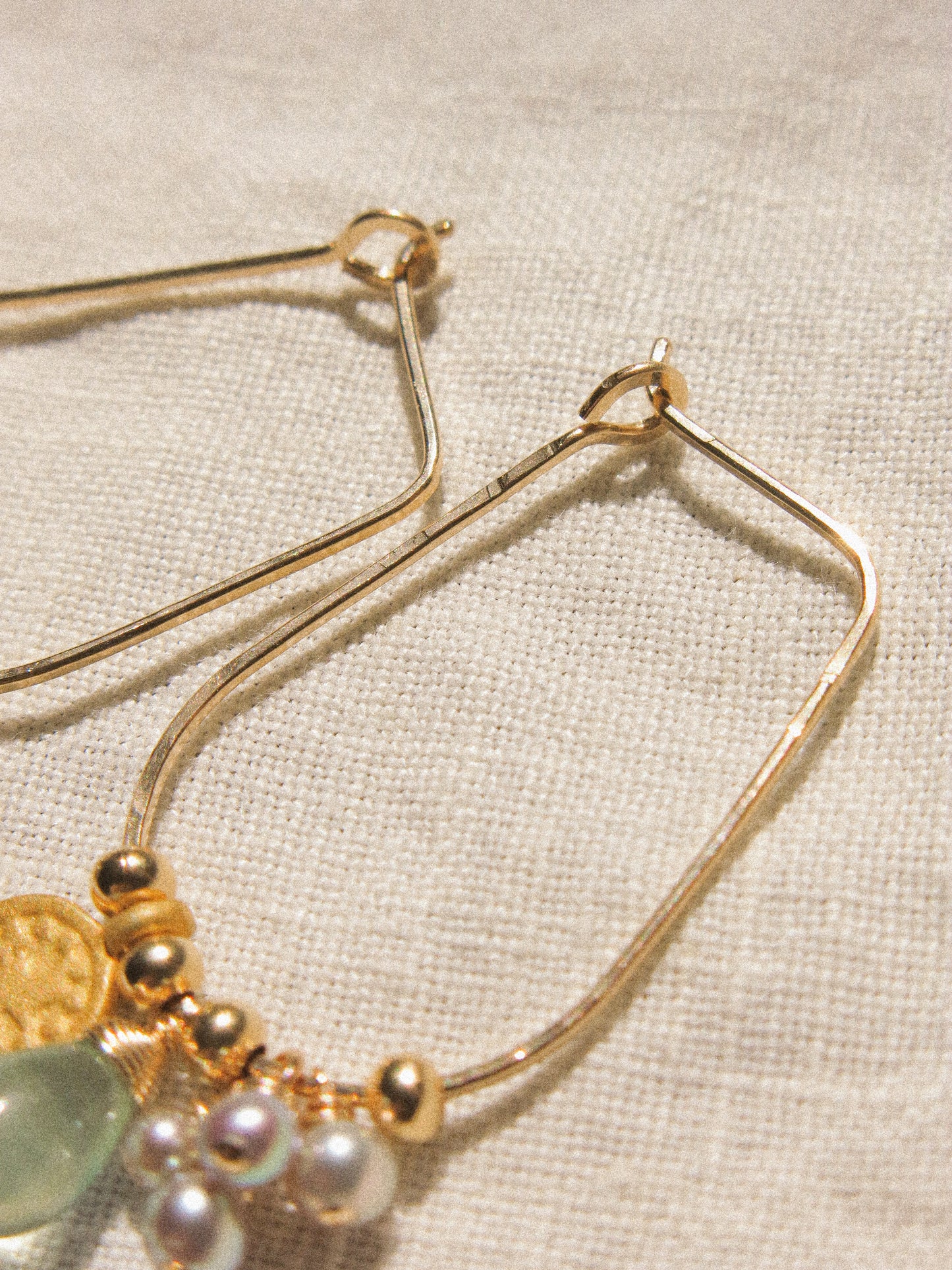 Hammered Oval Hoop Earrings with Matte Gold Vermeil Coin Charm, Silver Round Pearl Clusters, and Smooth Prehnite Drops, June Birthstone