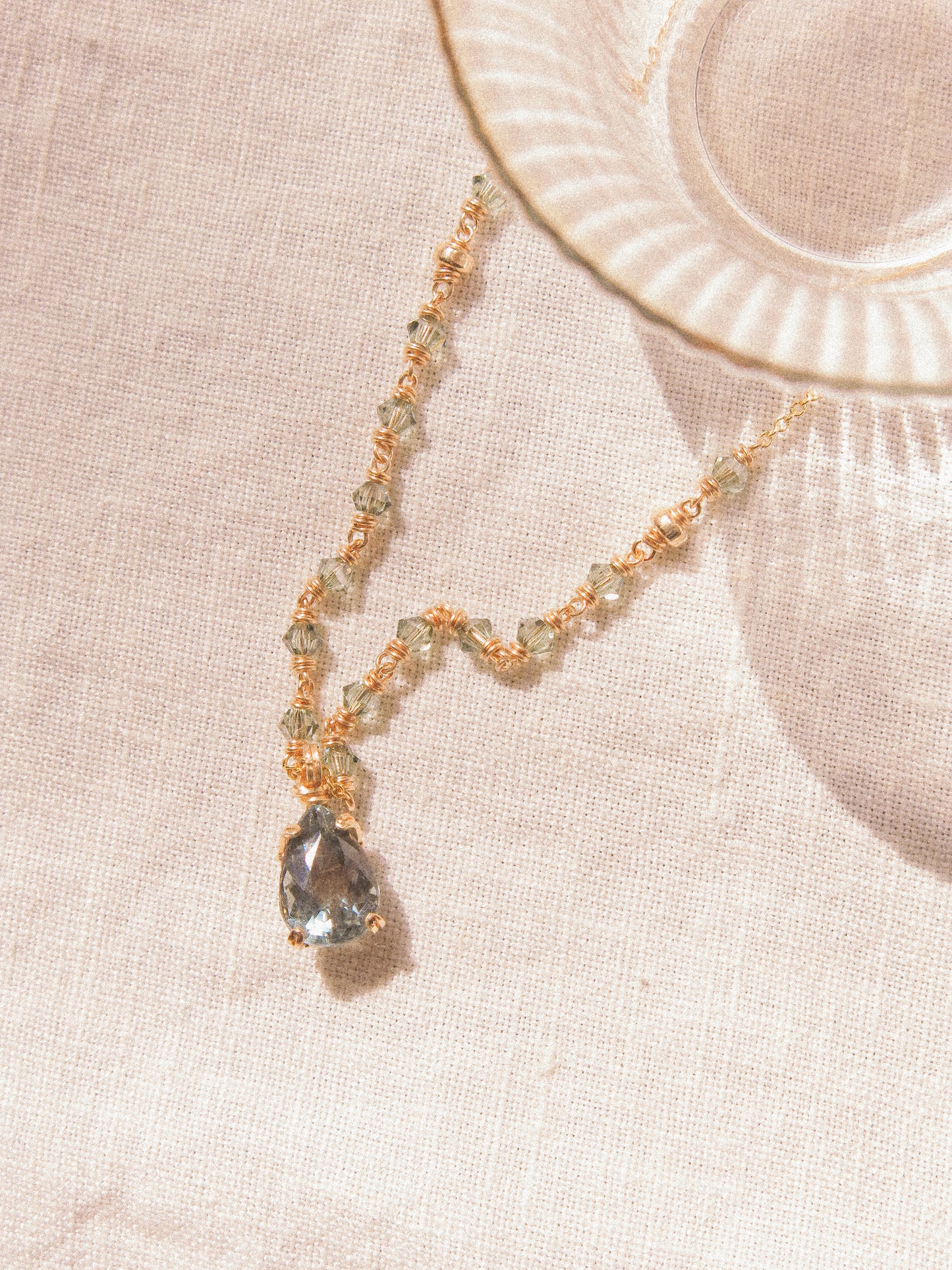 Blue: Prong Set Teardrop Faceted Icy Blue Tourmaline Necklace with Swarovski Crystal Accent Chain, 14K Gold Fill