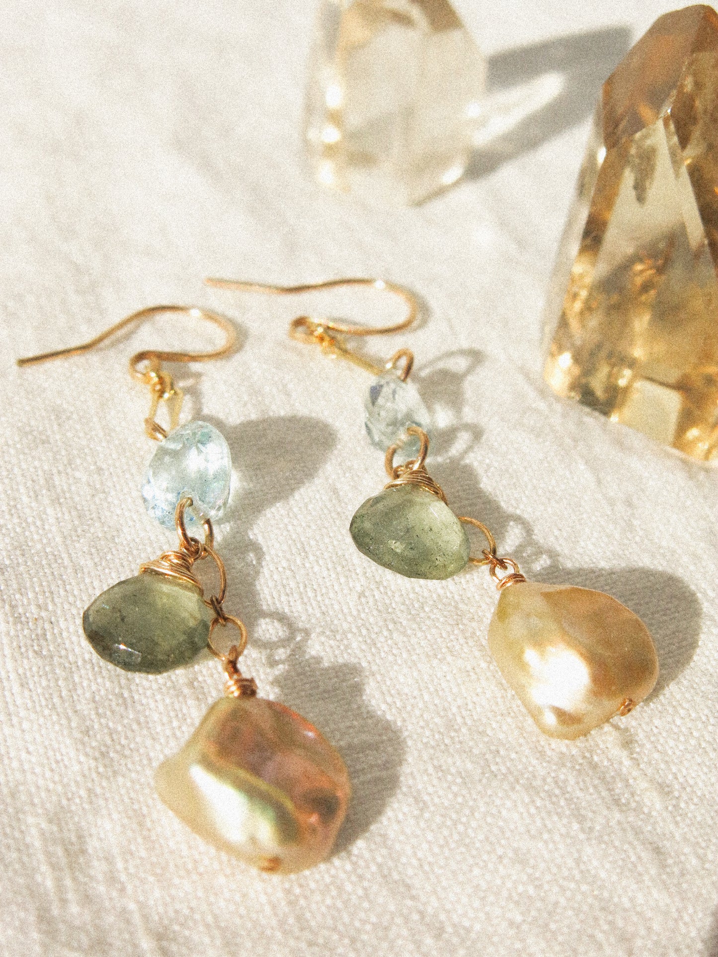 Golden Keshi Pearl, Faceted Aquamarine, and Faceted Moss Aquamarine Briolette Dangle Earrings in 14K Gold Ill, March and June Birthstone